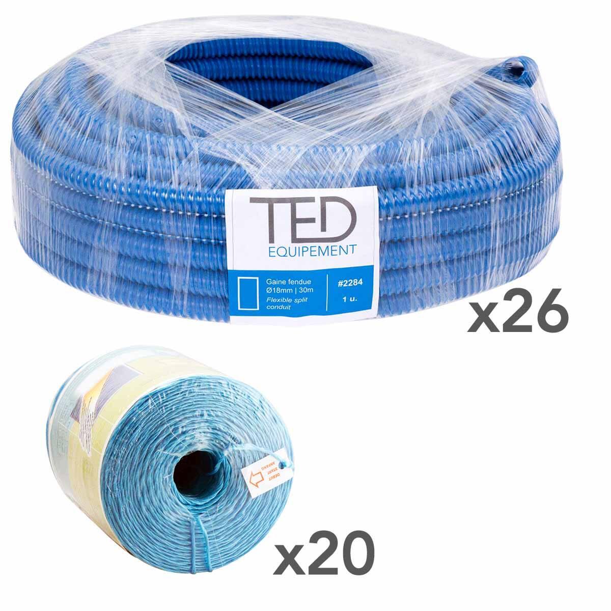 Gaine annelée fendue bleue Ø18mm (26 Rl) + Ficelle Bleue (20 Rl)