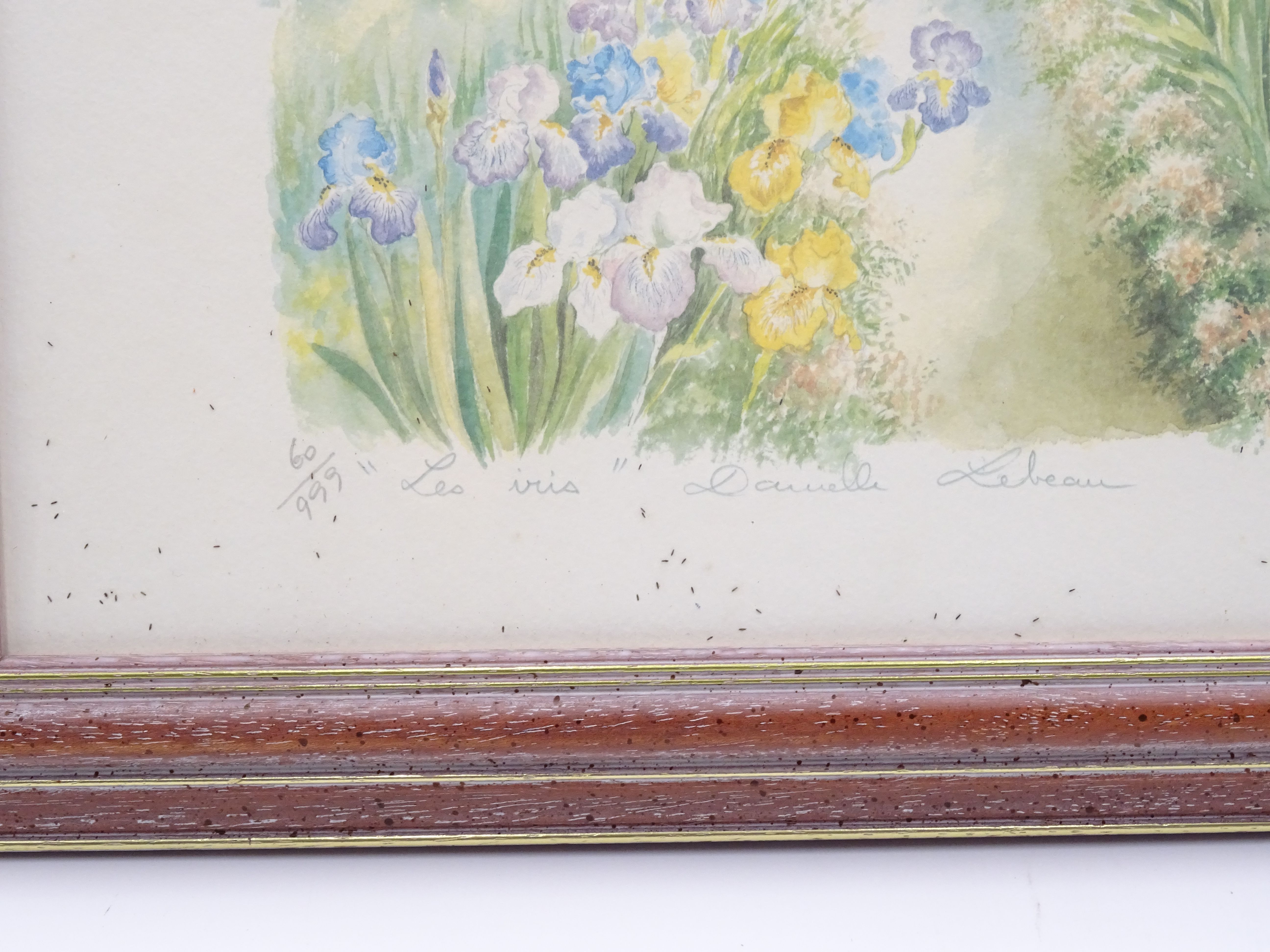 Impression sur papier "Les Iris" signée Danielle Lebeau - Bon état - Photo 2