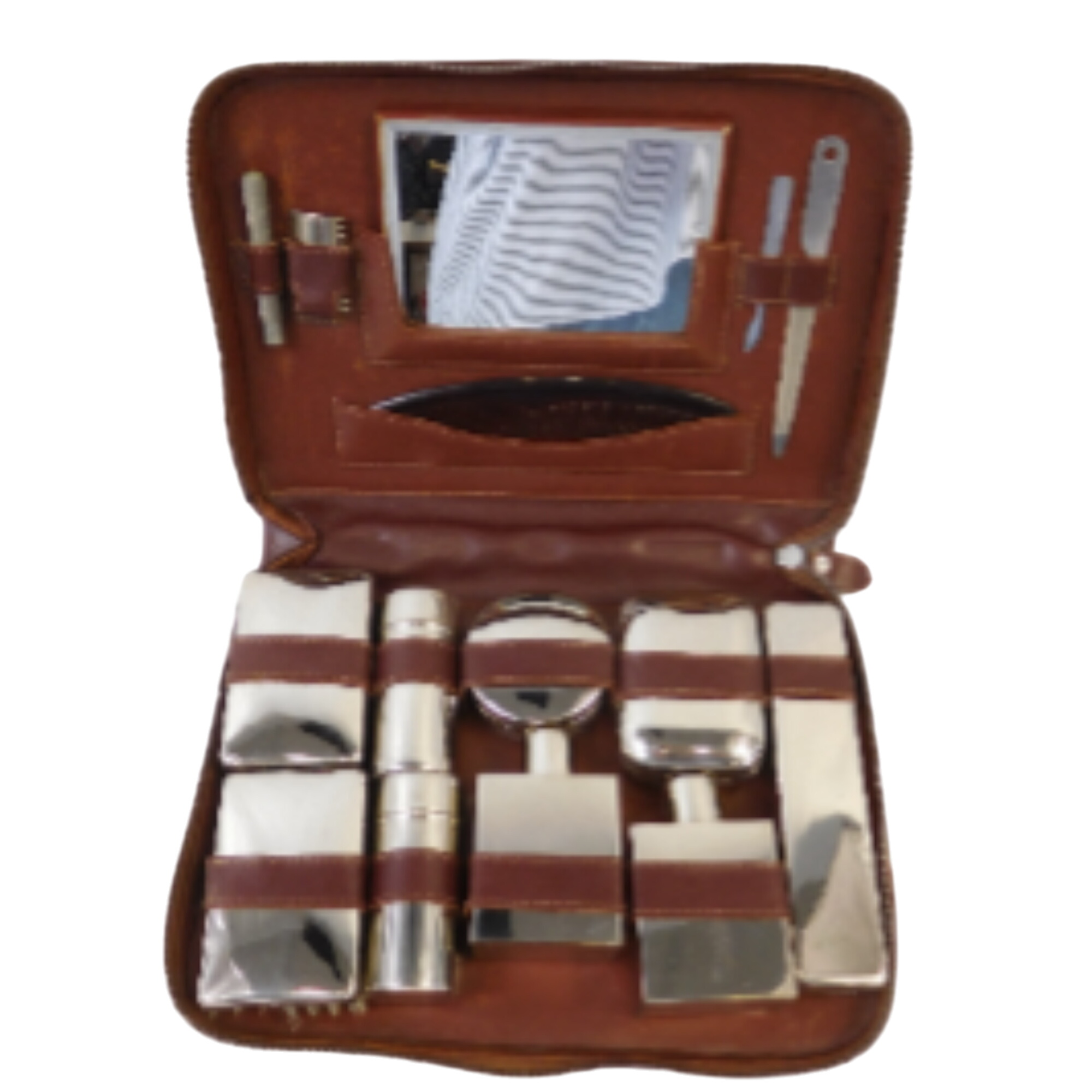 Ensemble De Toilette Vintage Cuir / Métal Argenté - Complet Et Élégant°° - Photo 0