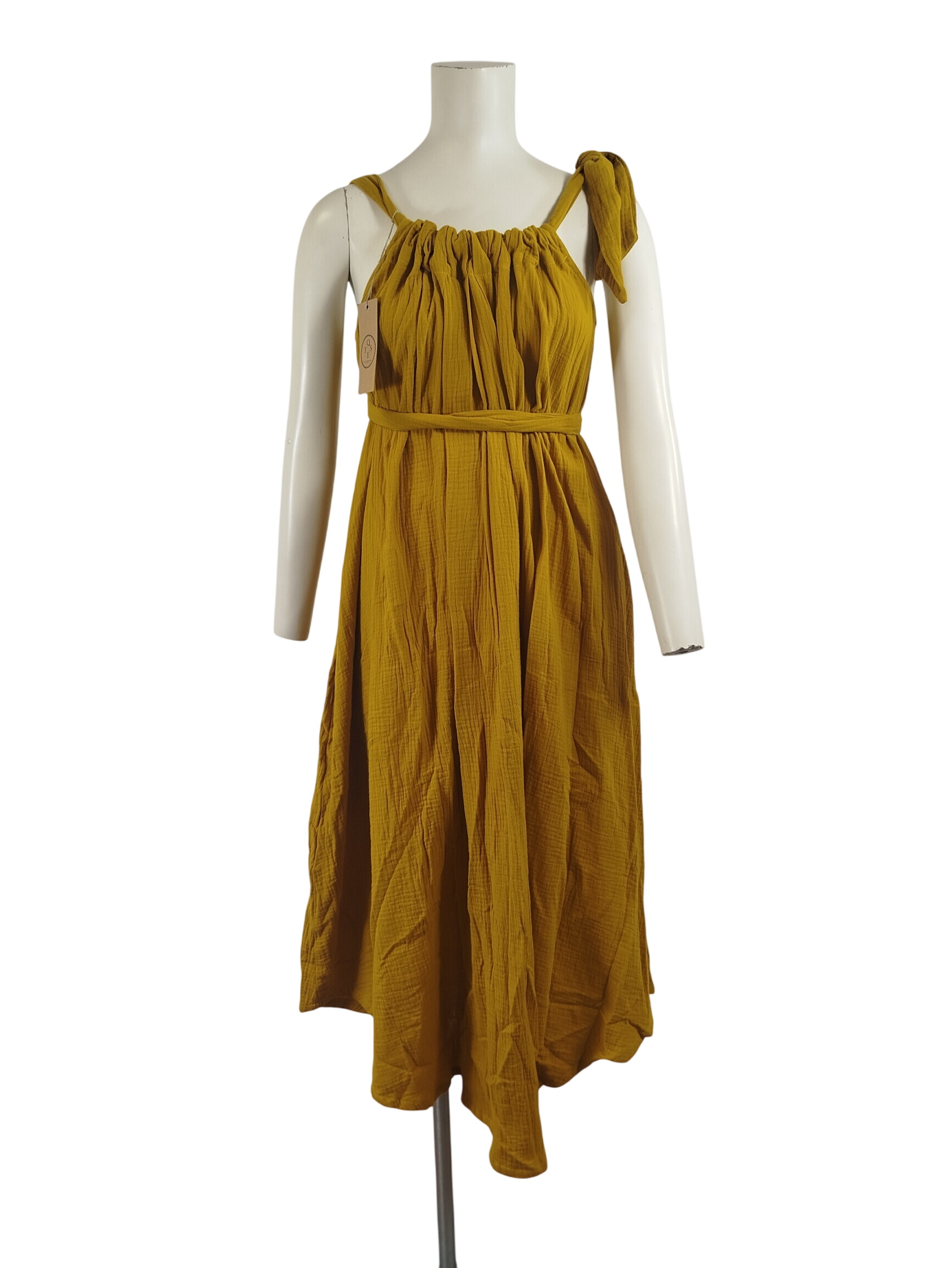 Robe longue moutarde Quintessence  fines bretelles noues, coton gaufr - Label Emmaus - Modalova