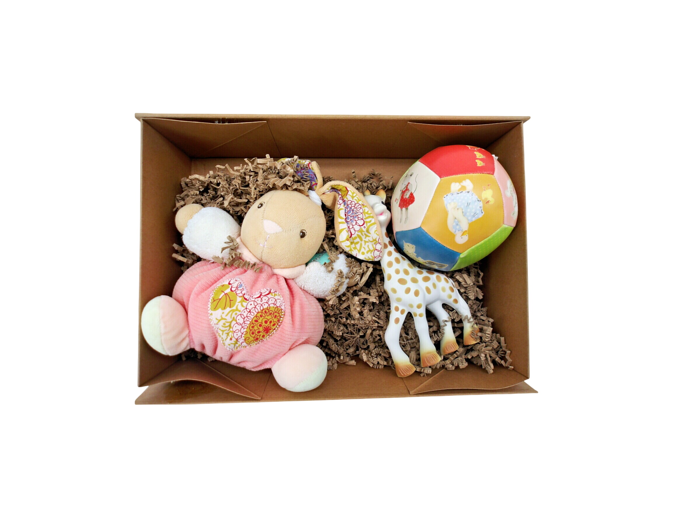 Coffret de naissance - Hochet, doudou et balle d'éveil Très bon état -  reconditionné disponible sur Label Emmaüs