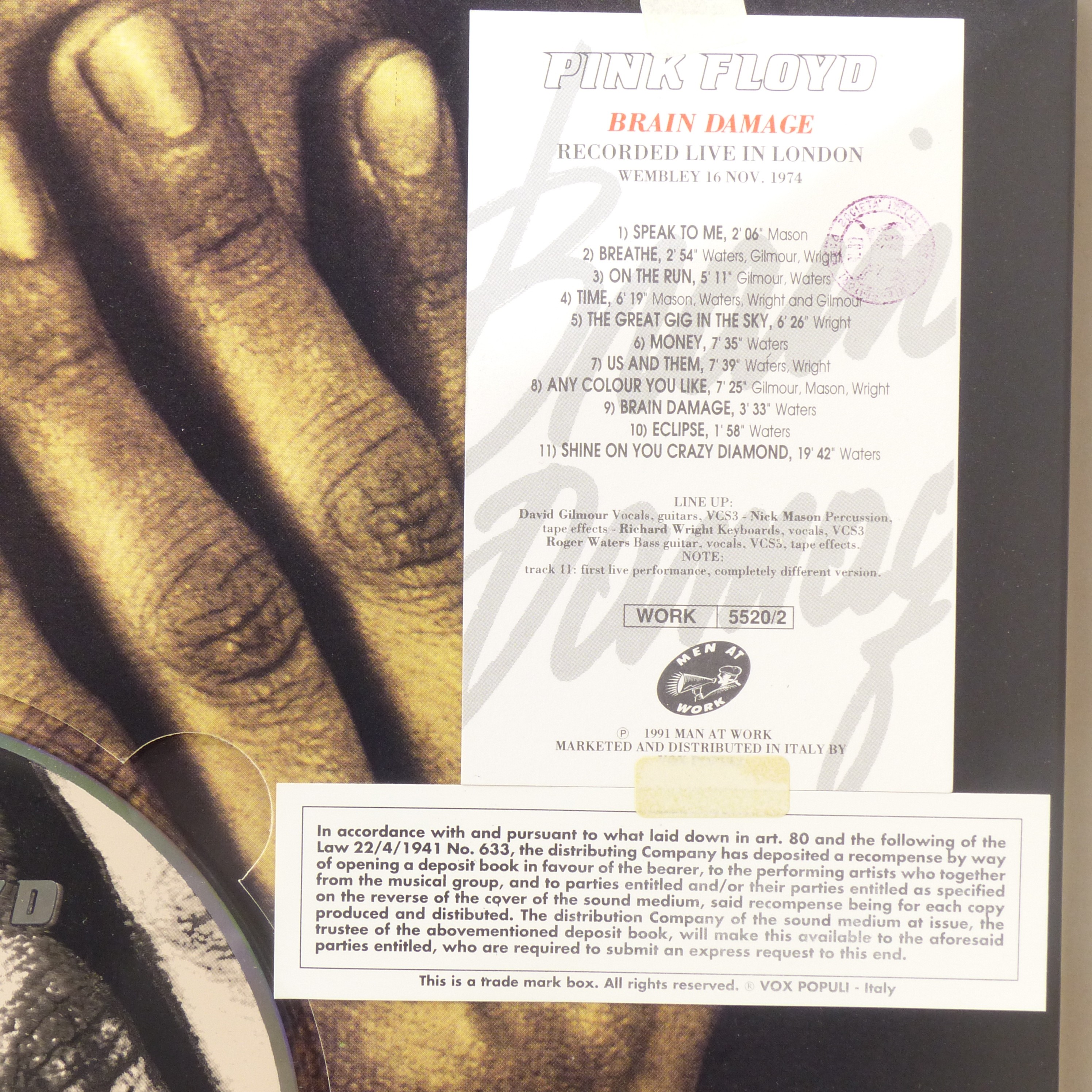Voir photo 7 de RARE Coffret limité CD Pink Floyd / Brain Damage - Men At Work 1991 RARE Coffret limité CD Pink Floyd / Brain Damage - Men At Work 1991 Bon état - Vue 7 -