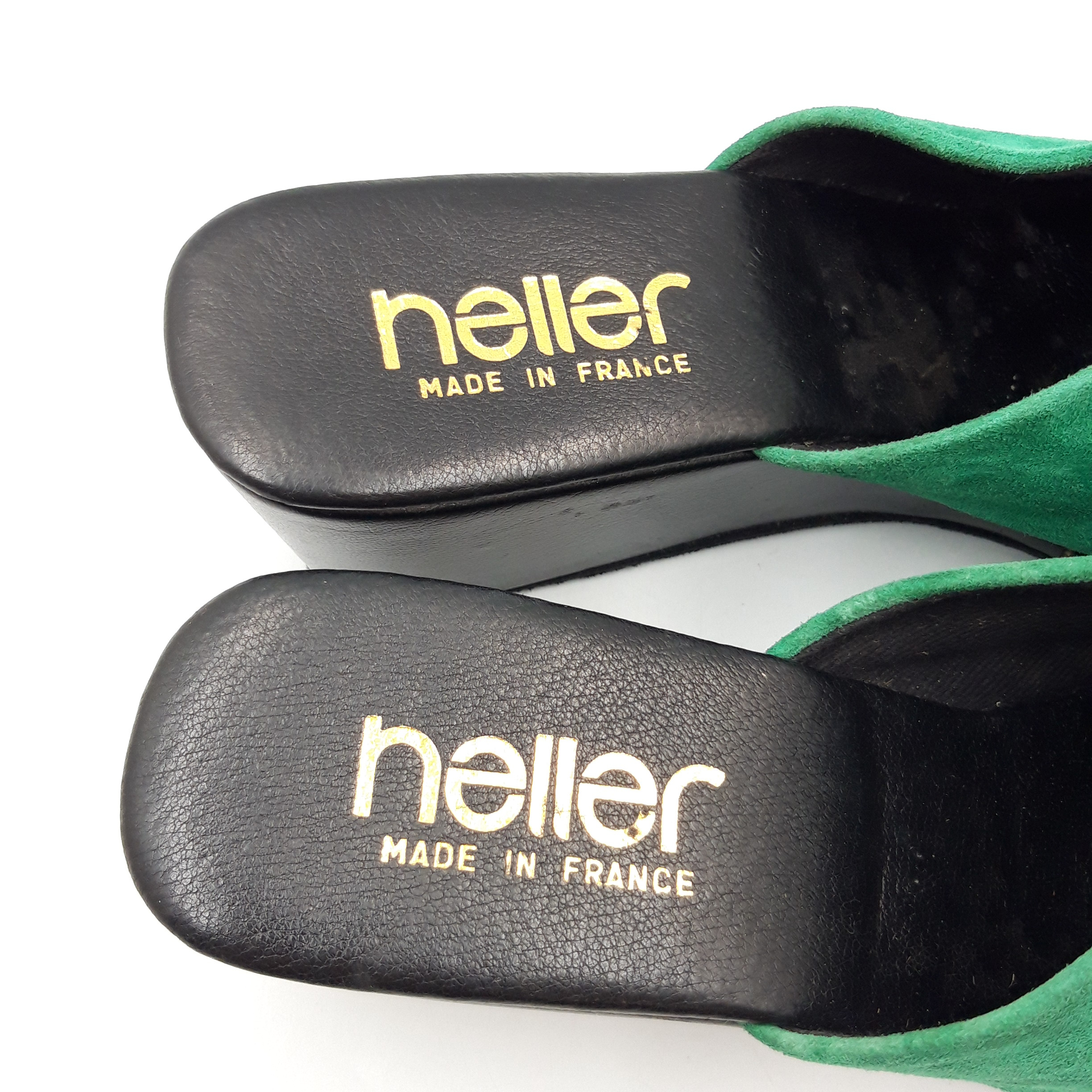 Voir photo 6 de Mules compensées en daim/ cuir vintage HELLER France, pointure 40 Mules compensées en daim/ cuir vintage HELLER France, pointure 40 Très bon état - Vue 6 -
