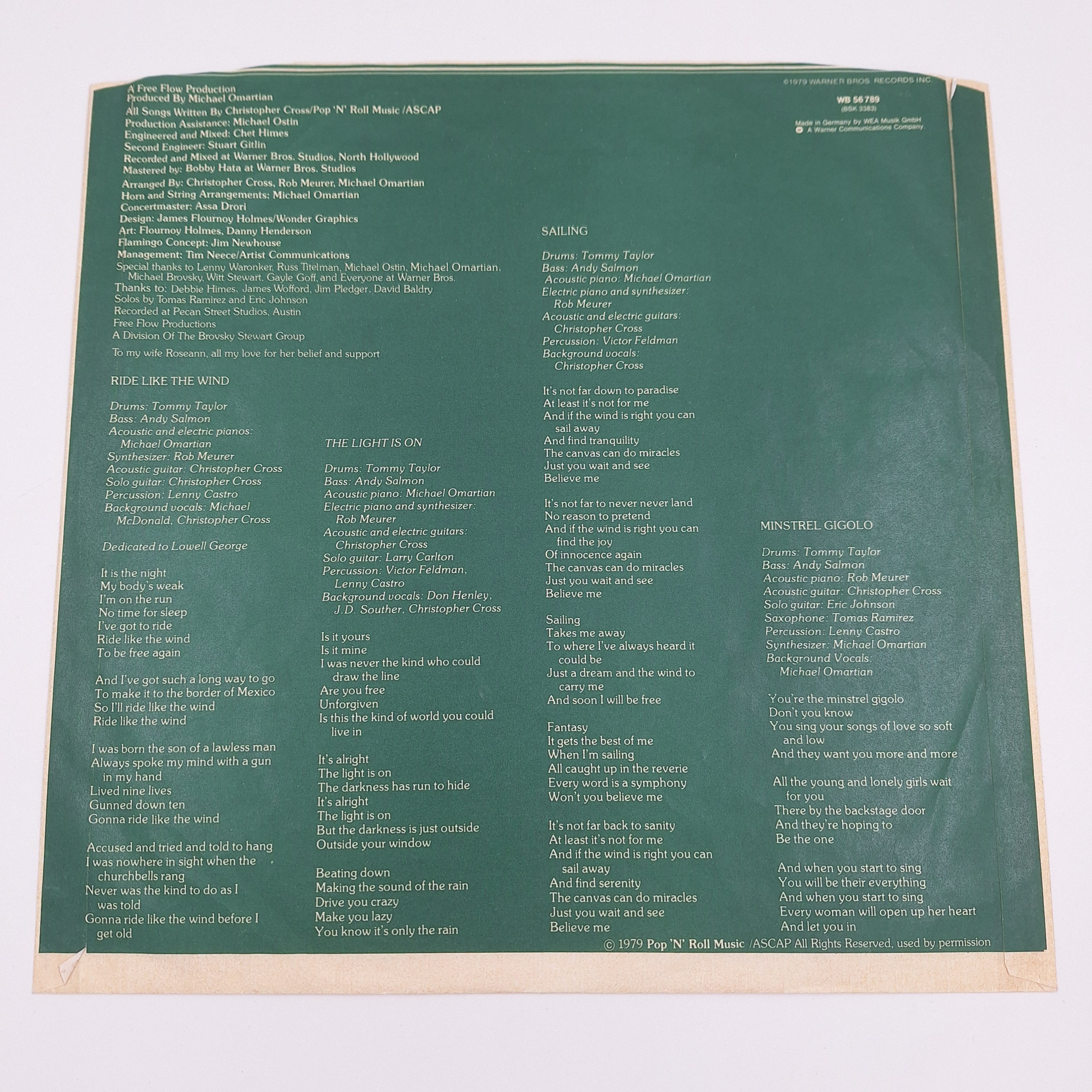 Vinyle 33 tours « Christopher Cross ». 1979. Warner Bros Records. Très bon état - Vue 7 - 