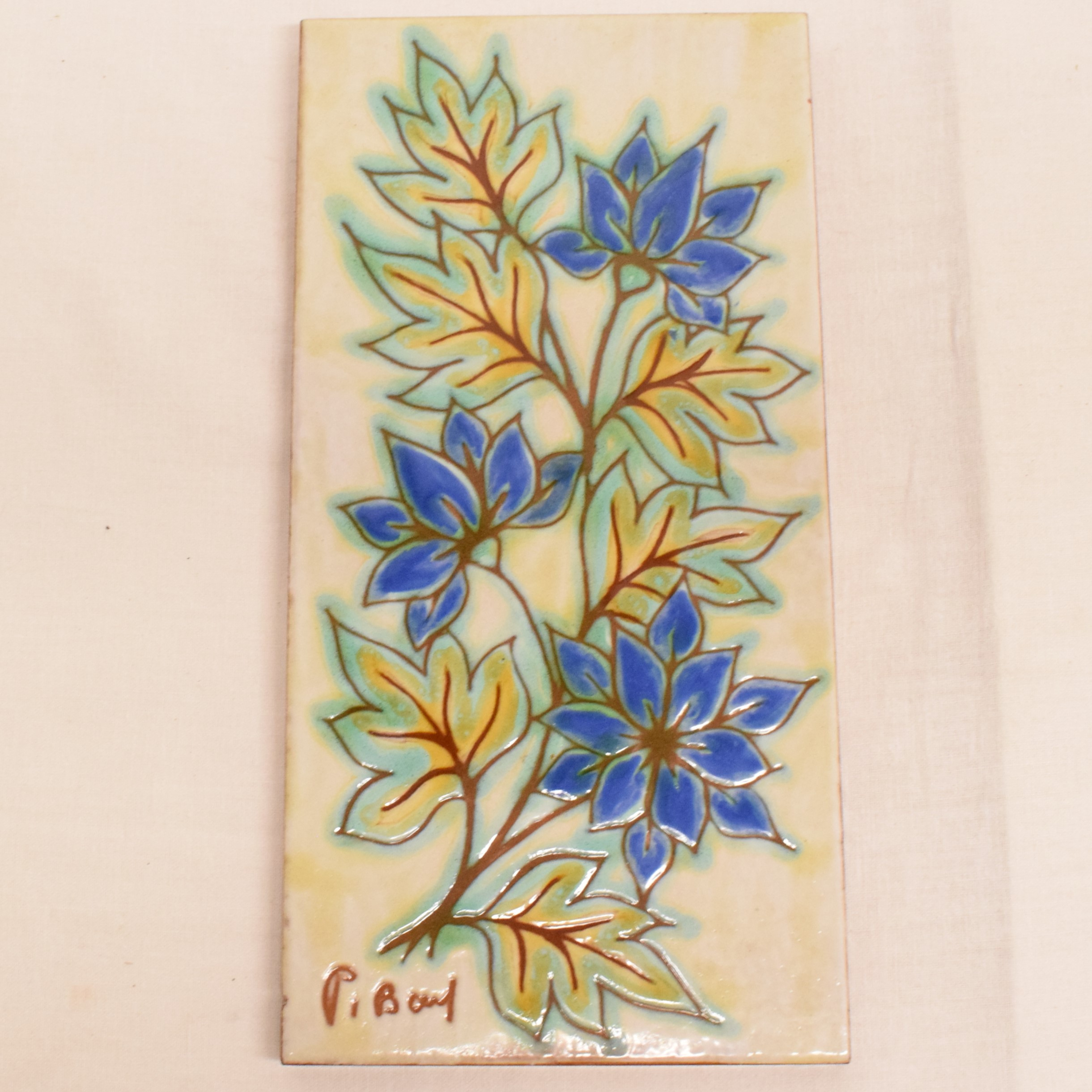 Duo de carreaux de céramique décor floral Signées P. Bay St VICENS Perpignan  Bon état - Vue 2 - 