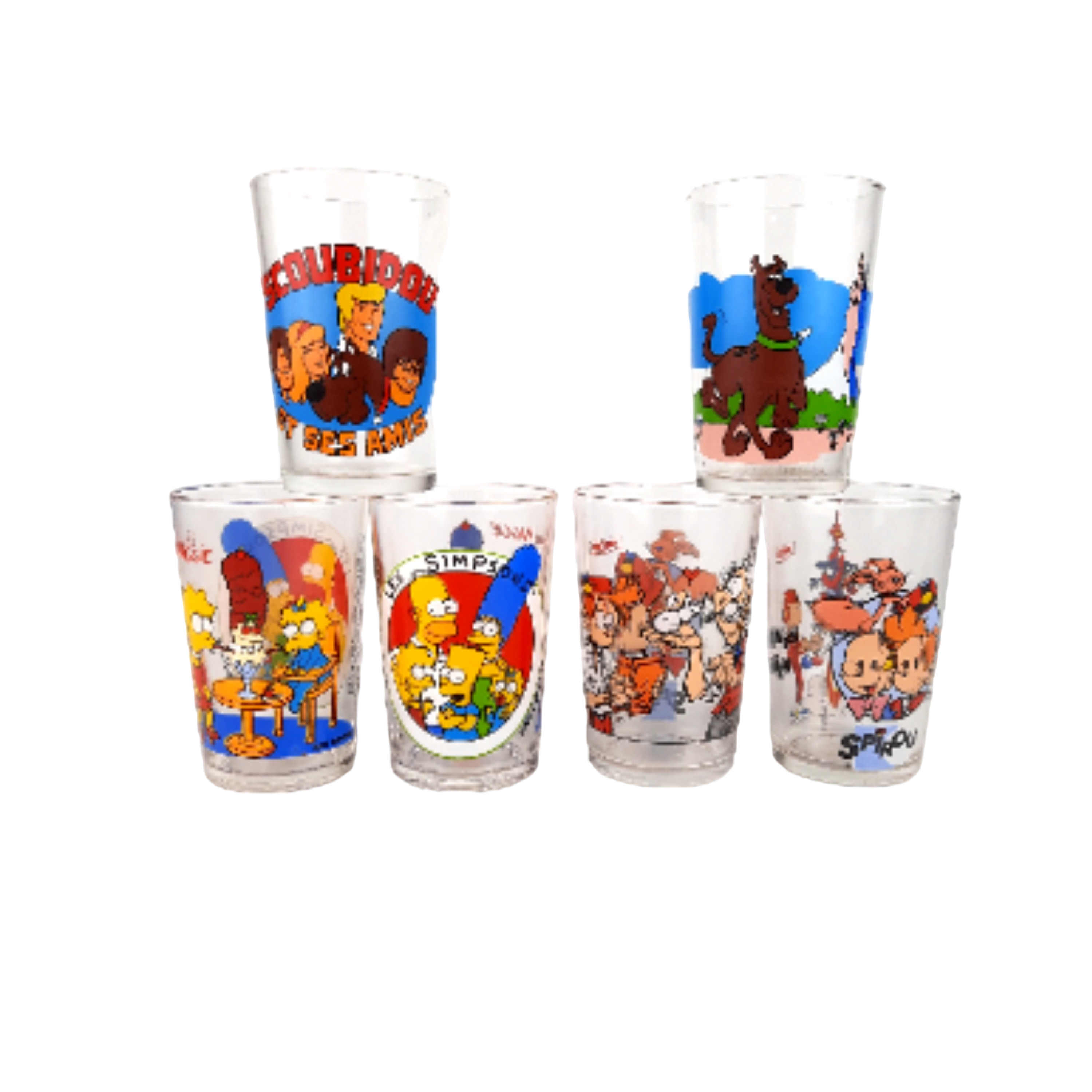 Lot de 6 Verres décorés collection Amora, Simpson, Spirou et Scoubidou - Très bon état sur Label Emmaüs