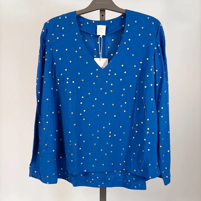 Blouse bleue à pois dorés Karl Marc John col V fluide élégante taille S Comme neuf - Vue 3 - 