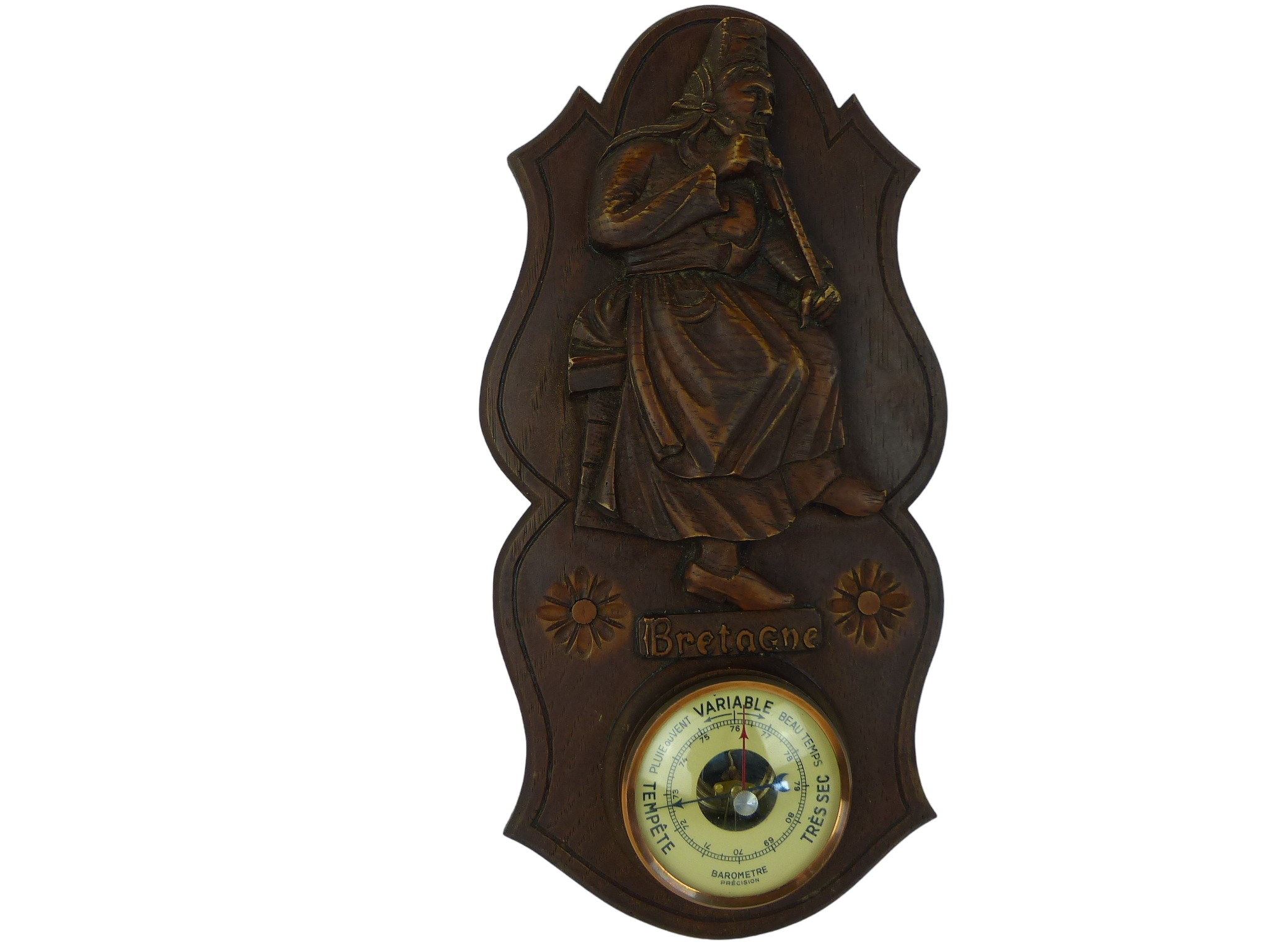 Baromètre de précision avec cadre traditionnel breton, en bois sculpté à la main, Vintage, 31 cm Bon état -  reconditionné disponible sur Label Emmaüs