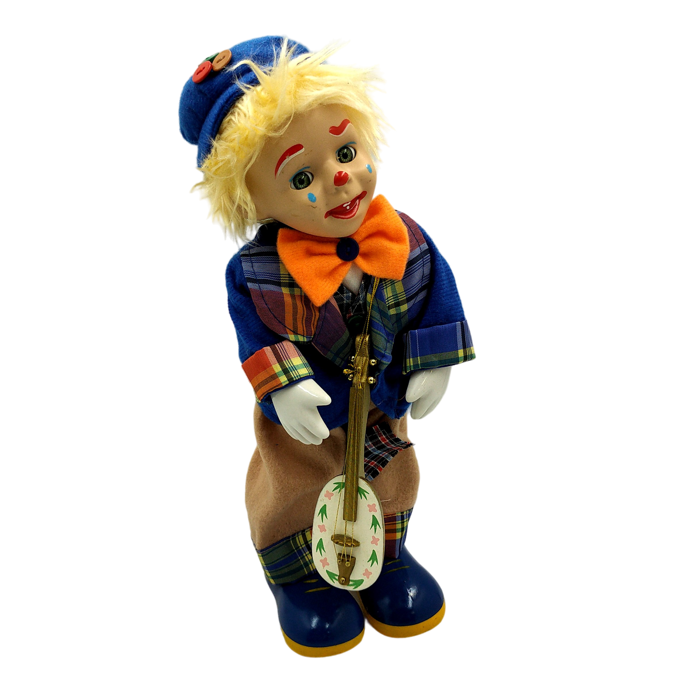 Clown musical, automate en porcelaine avec sa guitare, 32 cm, Vintage. Très bon état -  reconditionné disponible sur Label Emmaüs