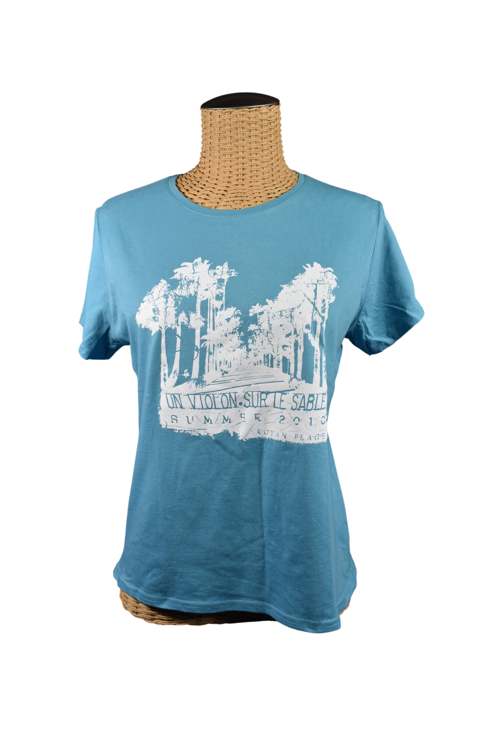 T-Shirt Collector Turquoise et blanc "femme" Un VIOLON SUR LE SABLE-SUMMER 2010, Royan Plage, taille XL.  -  reconditionné disponible sur Label Emmaüs