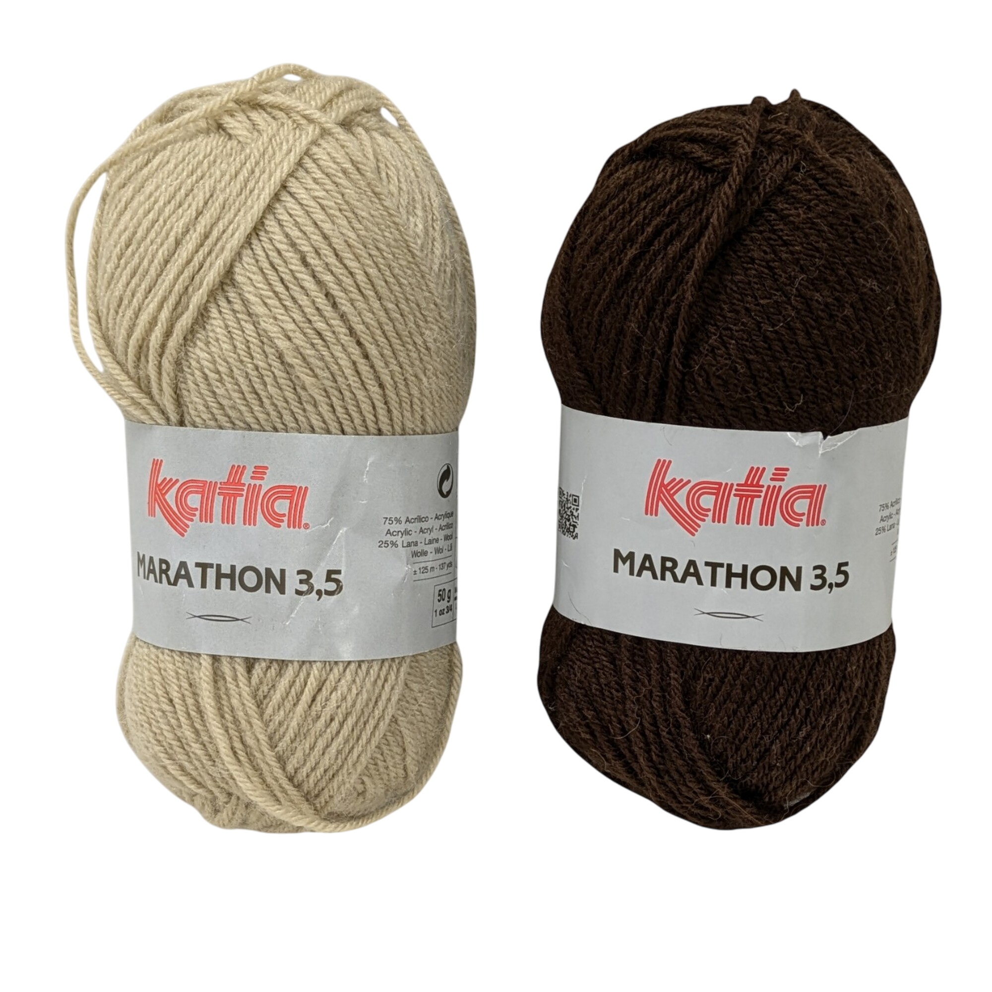 Lot neuf de 2 pelotes de laine fil à tricoter Katia Marathon 3,5 beige et marron - Photo 0