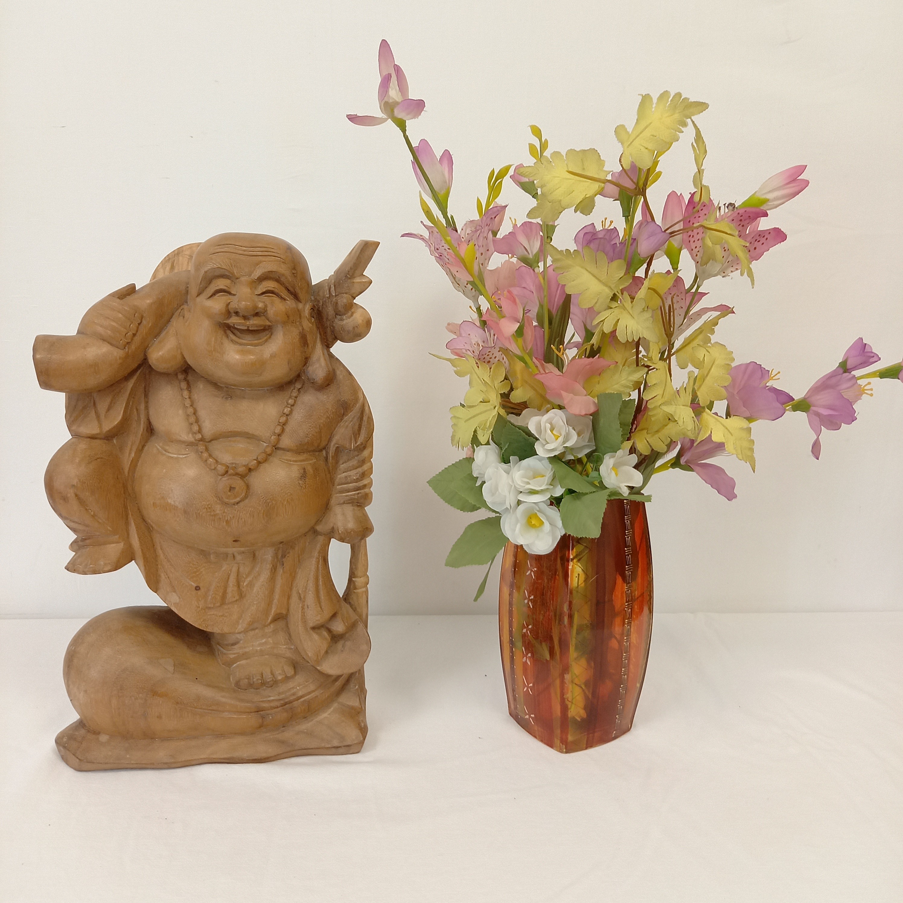 Sculpture bouddha rieur bois Art Asiatique Hauteur 40 cm  - Photo 0