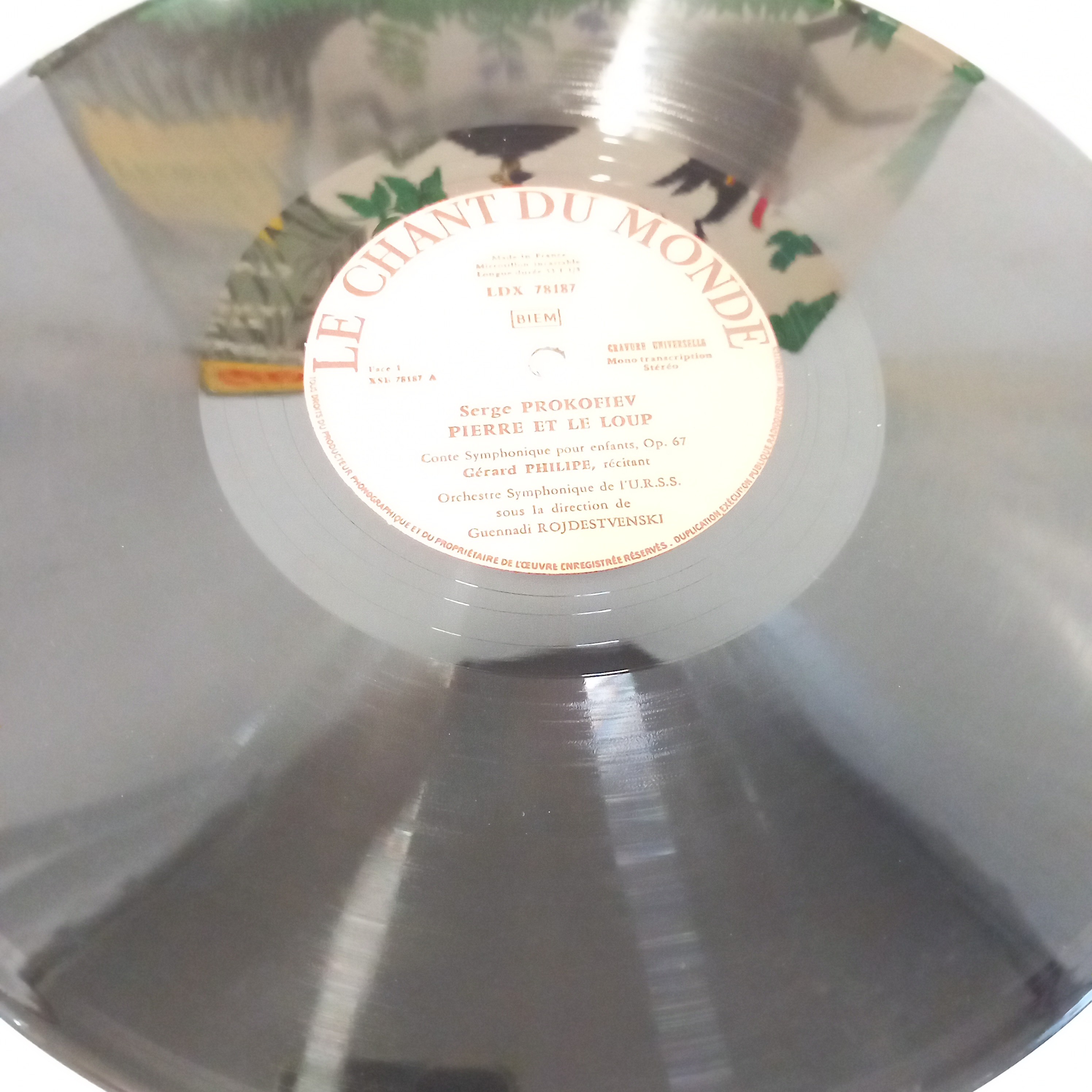 Vinyle "Pierre Et Le Loup" : Gérard Philipe raconte un conte musical pour les enfants", composé par Serge Prokofiev, Orchestre Symphonique de L'U.R.S.S., chef d'orchestre G. Rojdestvenski, 1956 Bon état - Vue 7 - 
