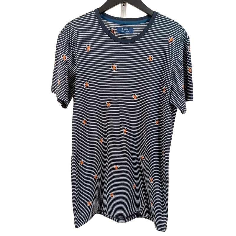T-shirt rayé bleu marine Bleu Isle Bleu taille M, coton, broderies fleurs orange et col rond Très bon état -  reconditionné disponible sur Label Emmaüs