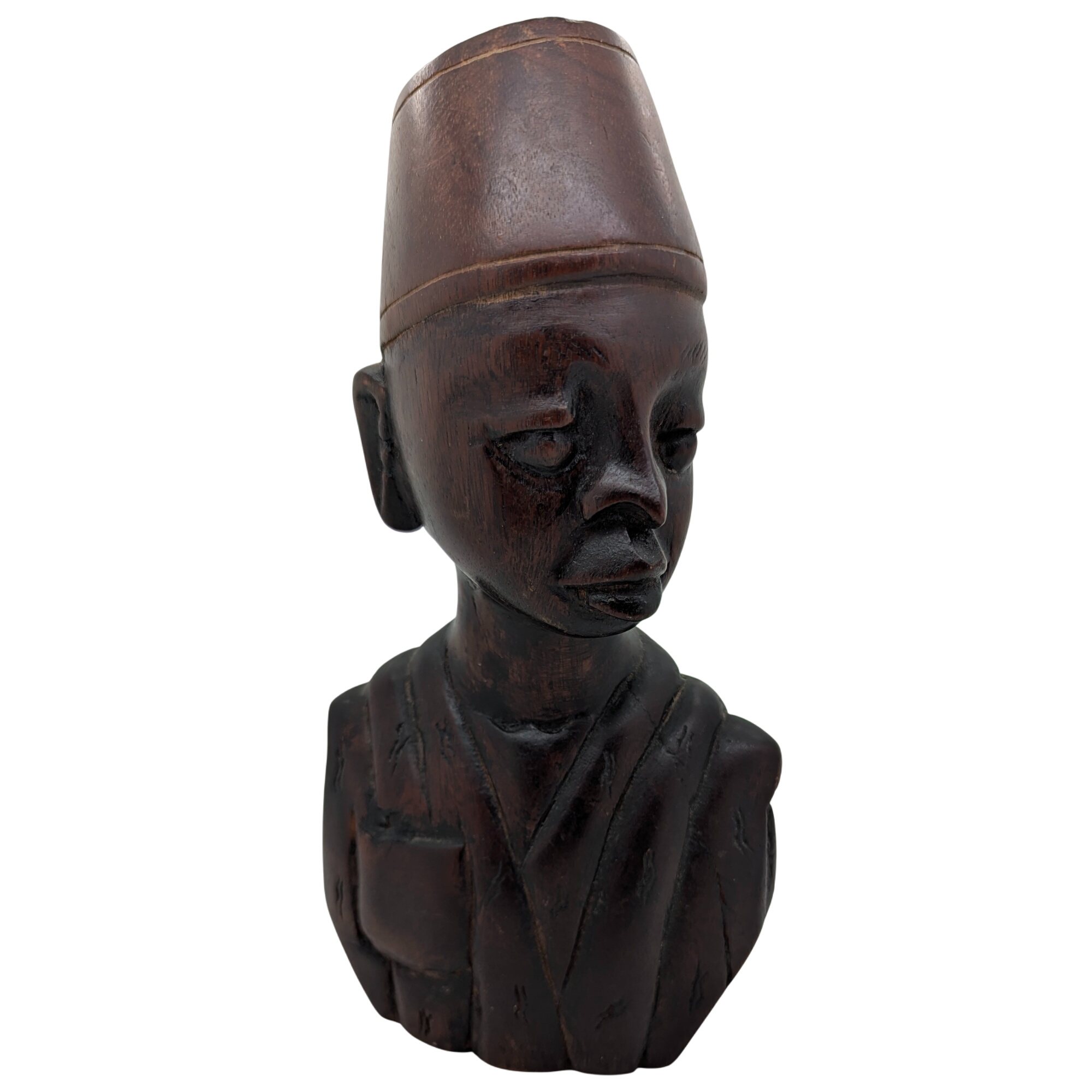 Buste en bois rouge sculpté homme portant le fez H : 24 cm - Photo 0