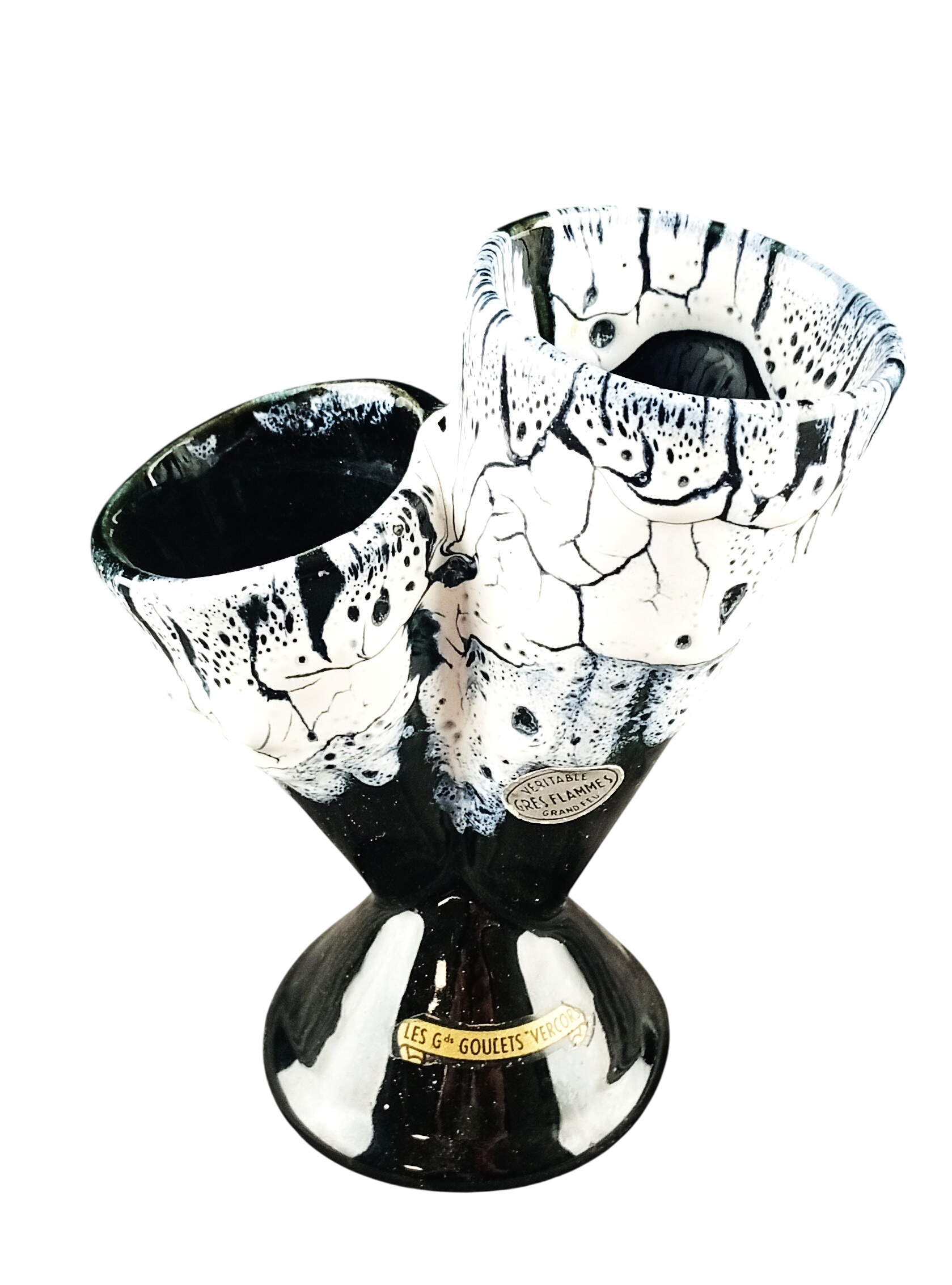 Vase/ Objet décoratif en grès flamme vintage- Design unique noir et blanc craquelé-