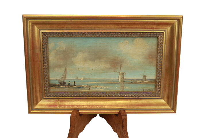 Élégante peinture à l' huile sur bois signé et son encadrement doré- scène de bord de mer - Photo 0