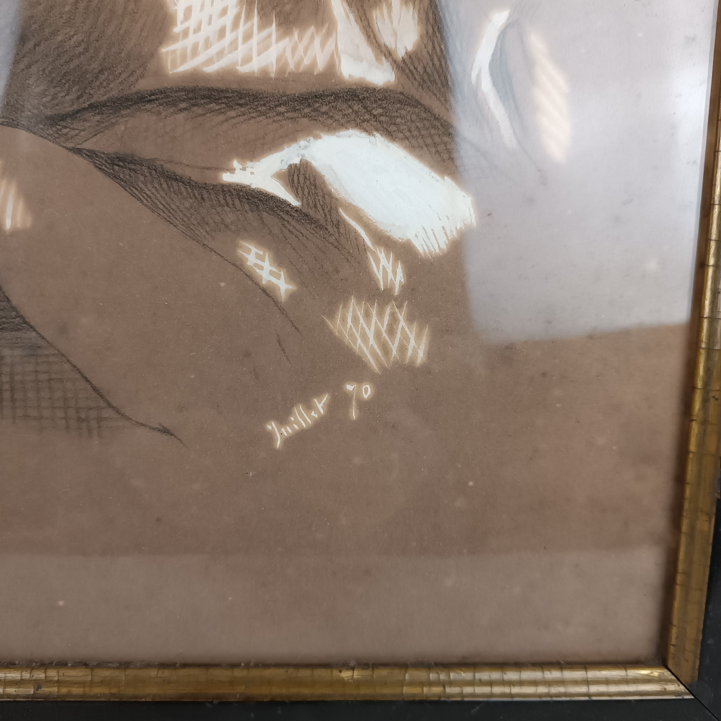 Tableau sous verre avec dessin crayonné et peinture blanche représentant une jeune femme , œuvre de 1870 État correct - Vue 4 - 