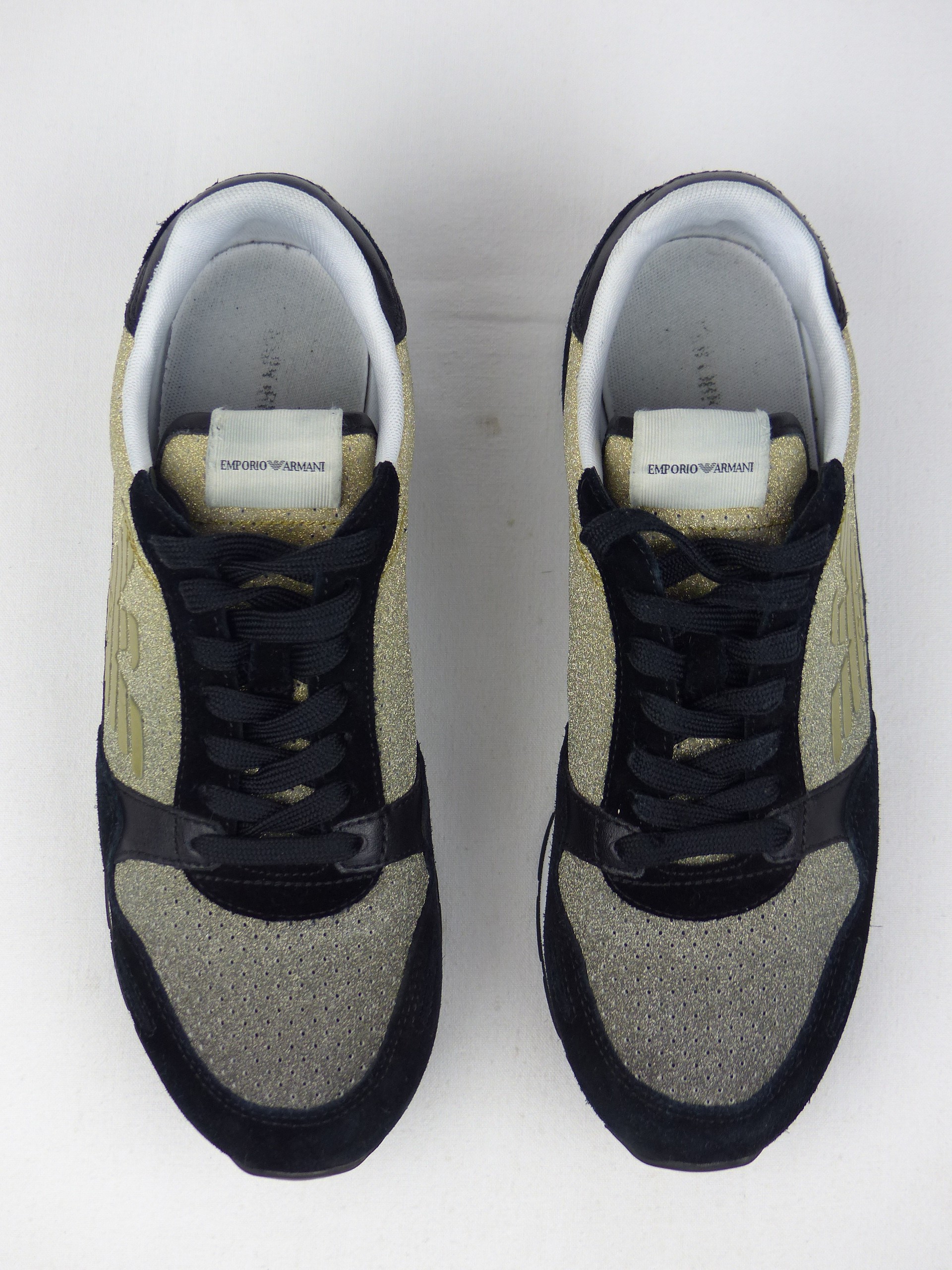 Baskets Emporio Armani Paillettes Or et Cuir/Daim Noir - Photo 8