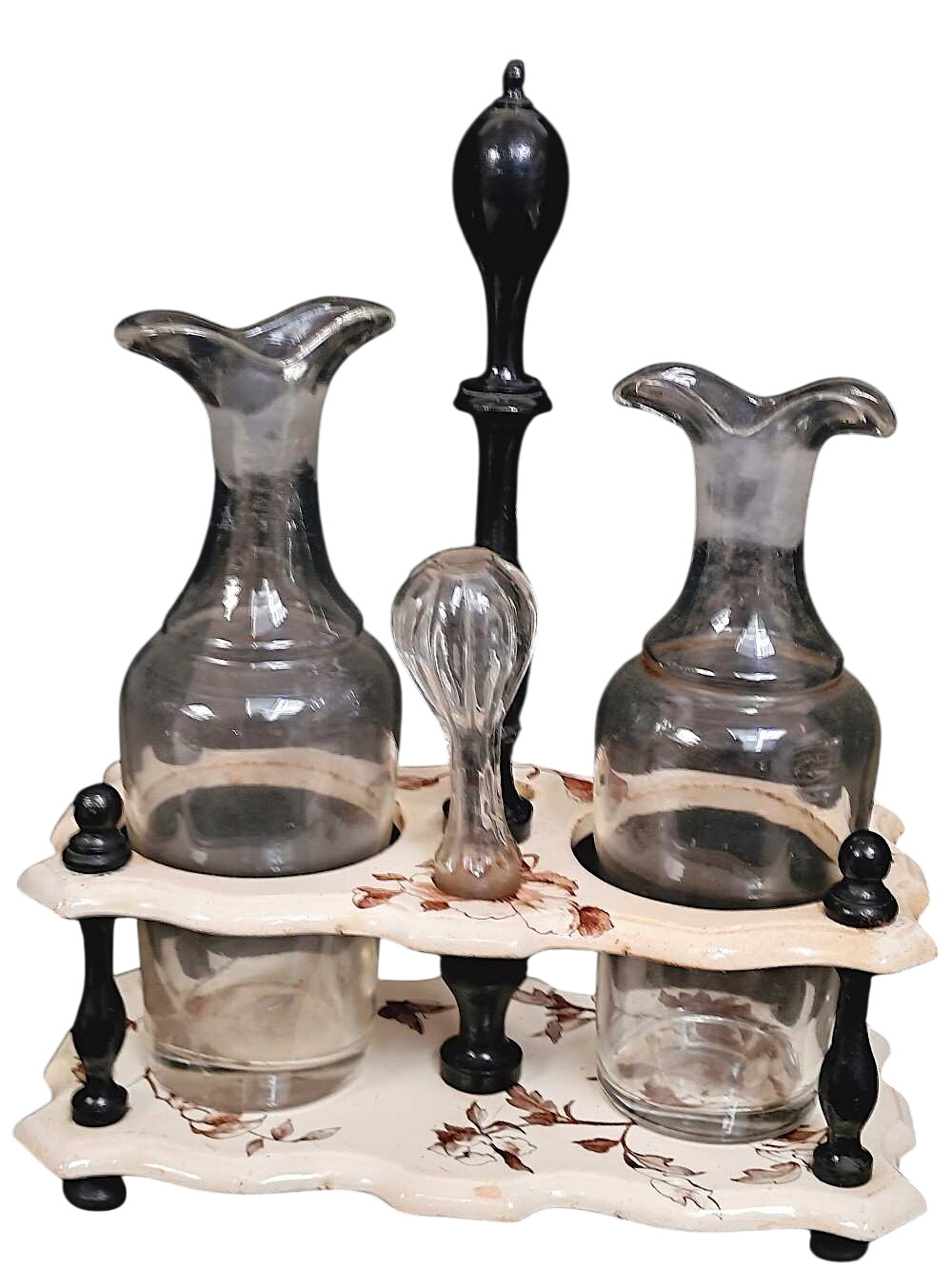 Service huilier et vinaigrier en faïence,verre soufflé et bois tourné. AL & Cie, fabrique d'Huiliers- Seine St Denis-fin 19ème - Photo 0