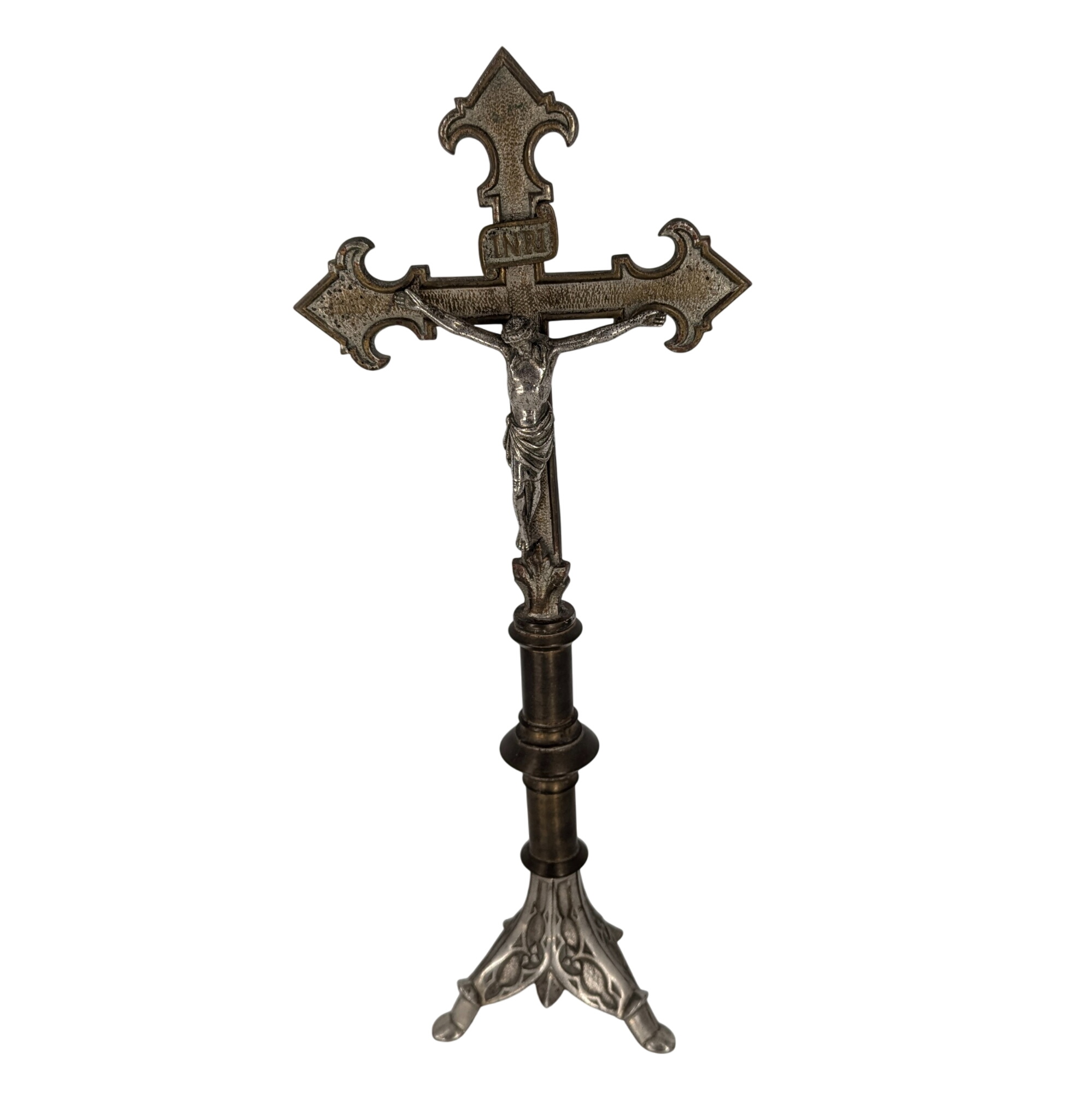 Croix d'autel - crucifix sur pied - laiton et régule - 47cm de haut - Photo 0