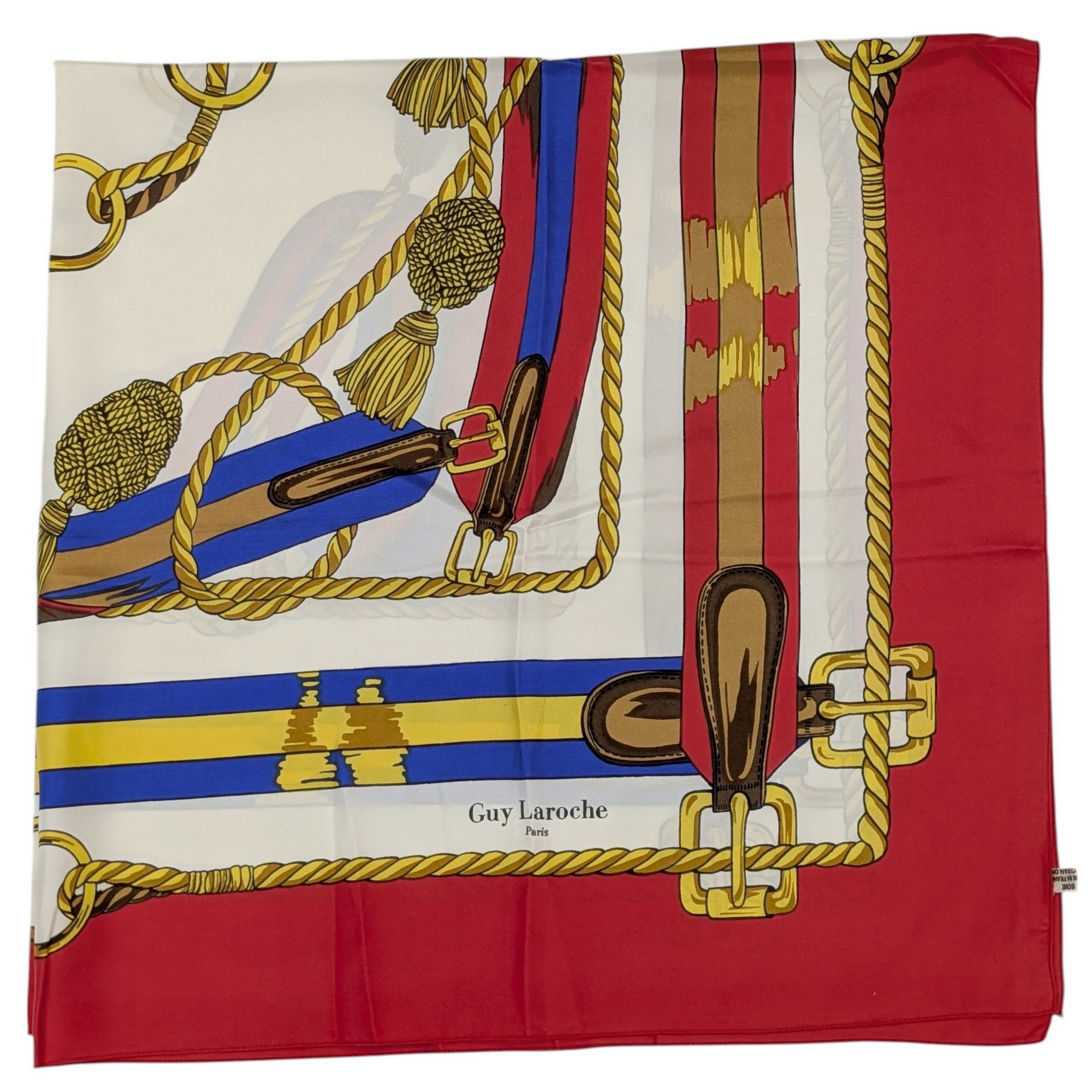 Foulard Guy Laroche Paris en soie carré imprimé rouge et or motif sellerie - Photo 3