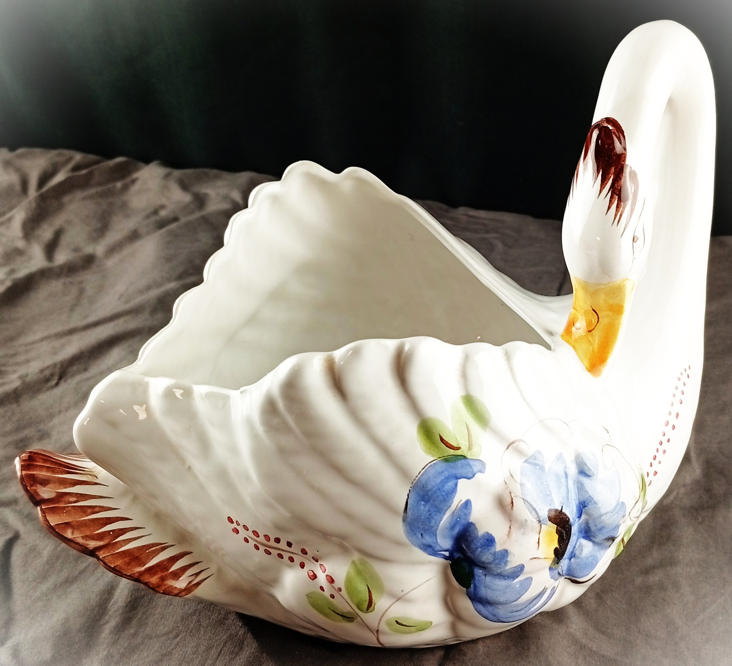 Cygne en céramique/ Cache pot- Décor floral peint à la main - Photo 2