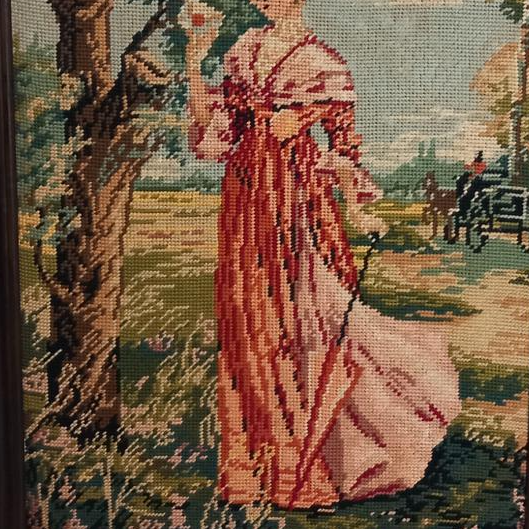 ANCIEN CANEVAS BRODERIE aux petits points, cadre doré, roses EUR 22,00