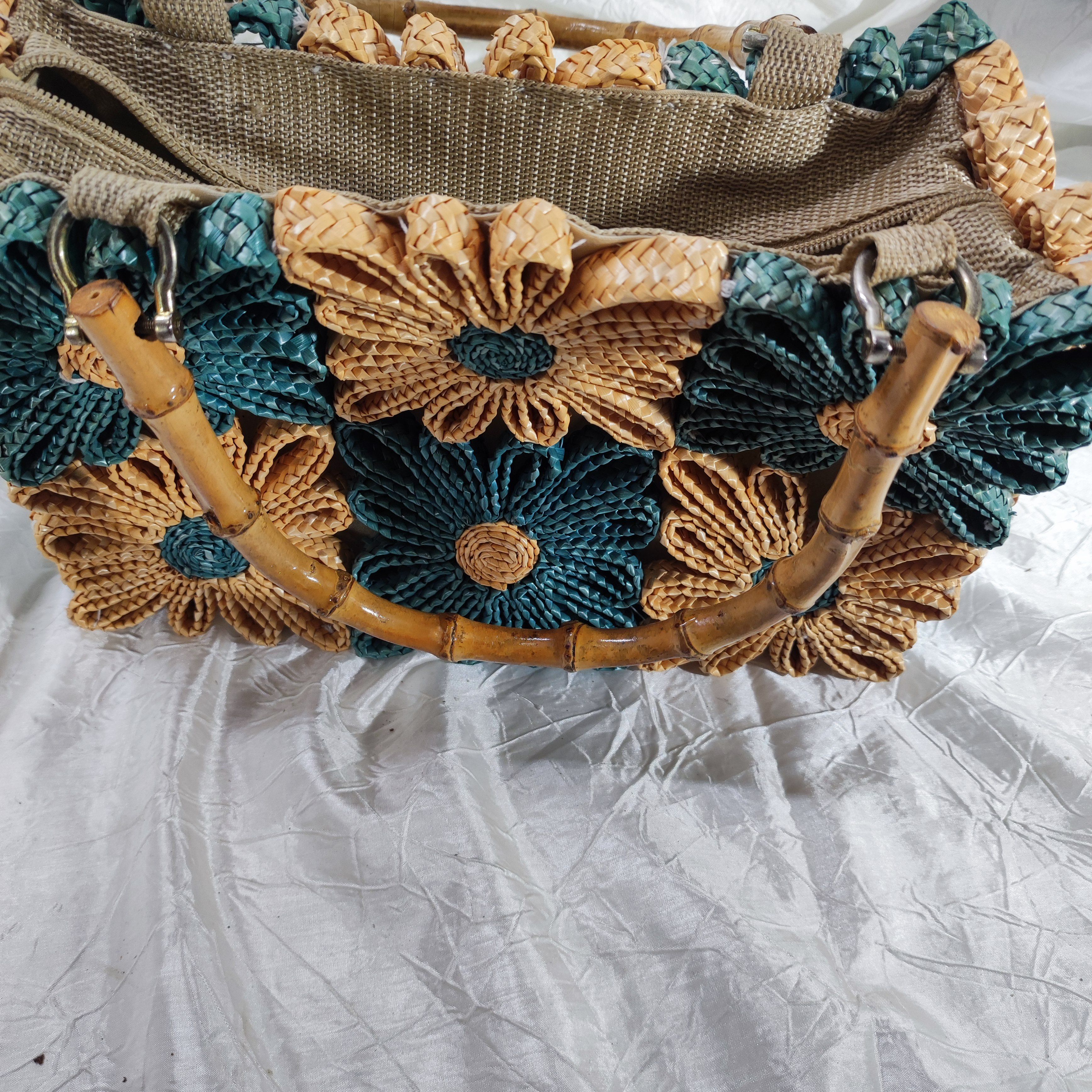 Sac en tissu et rafia bleu canard et jaune  - Vue 2 - 