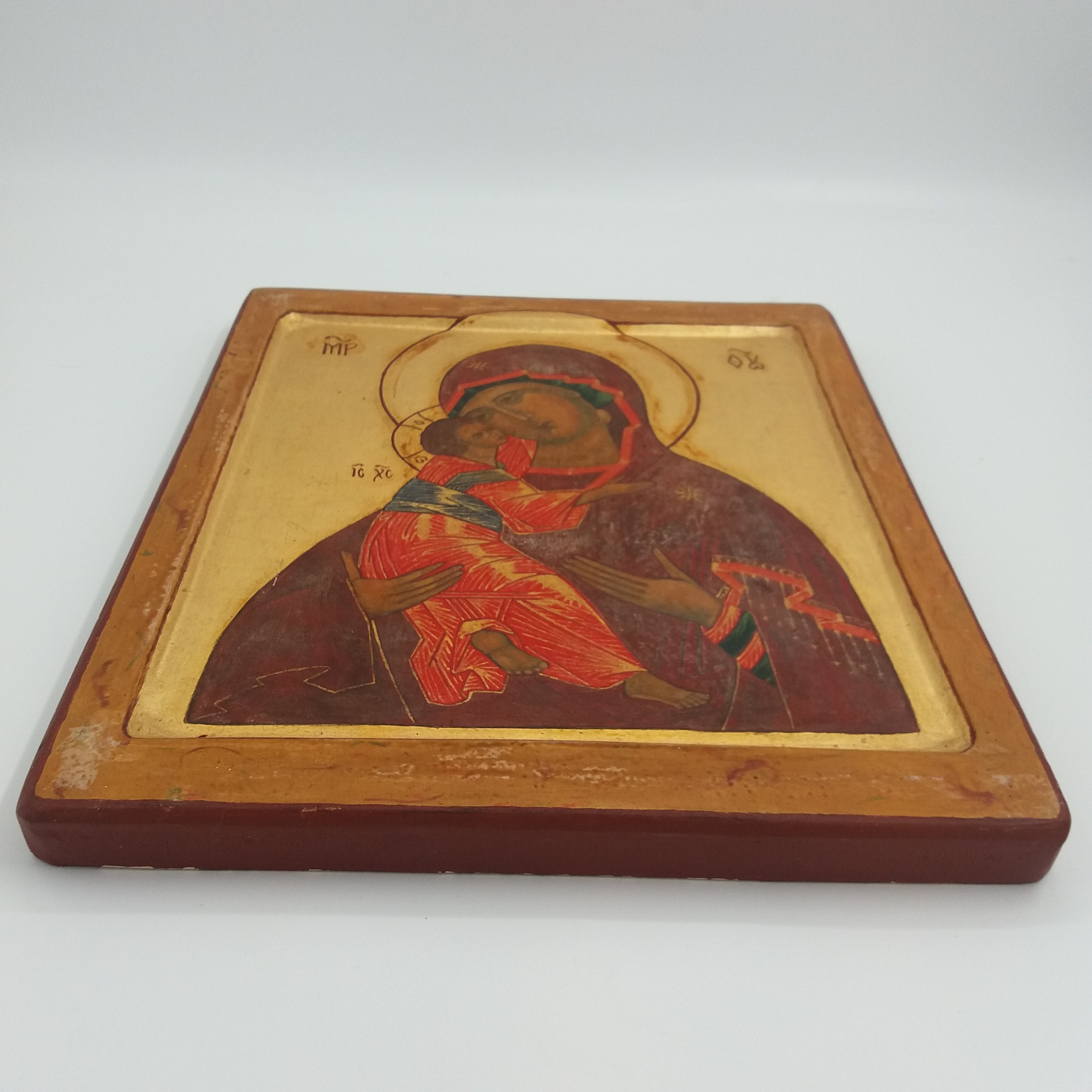 Grande icône orthodoxe « Vierge de la tendresse ». Artisanale. Peinture et dorure à la main sur bois. Polychrome. - Photo 2