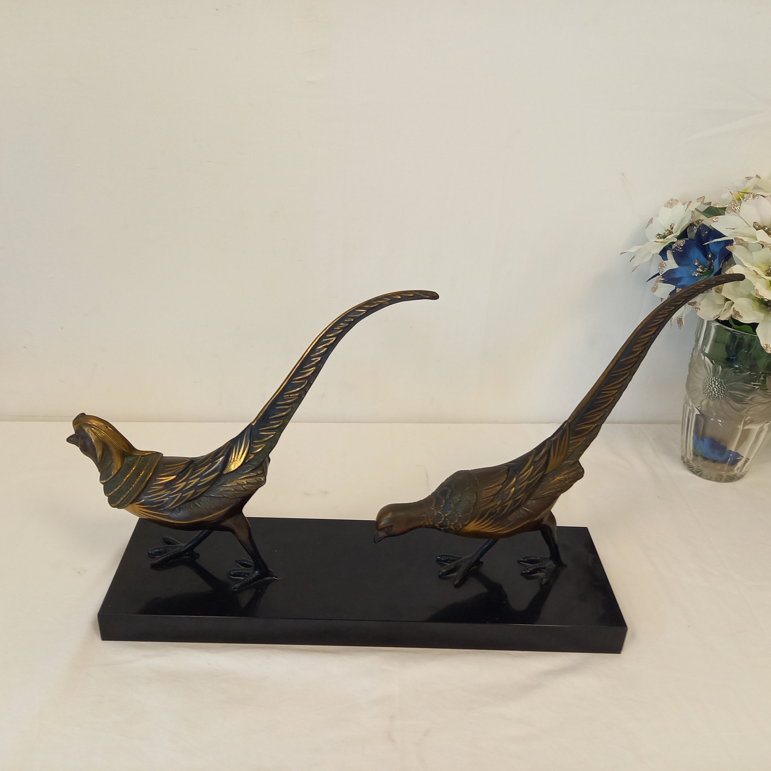 Statue Couple de faisans Vintage en bronze et socle marbre - Label Emmaüs, image size:2992x2992