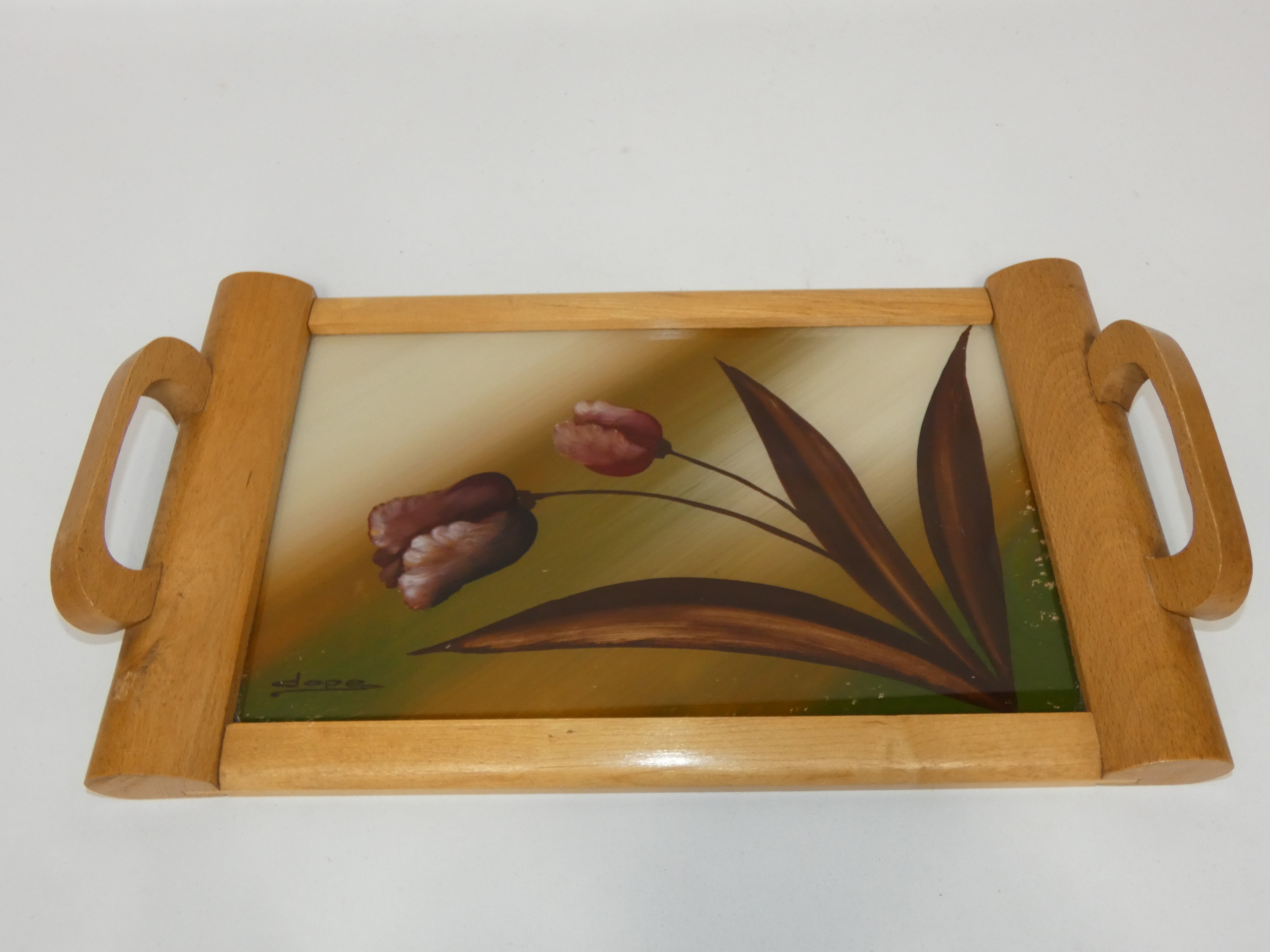 Plateau de service vintage en bois décor tulipe signé DOPE - Photo 2