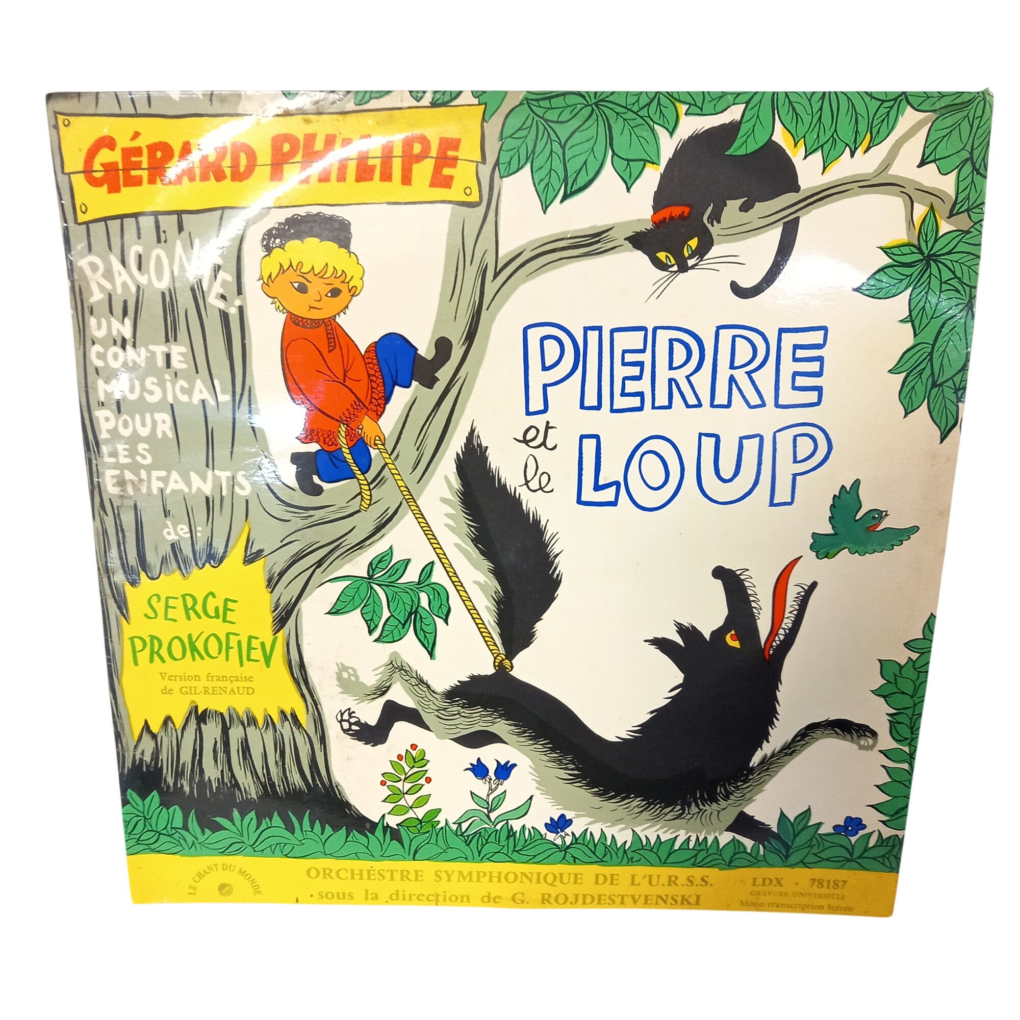 Vinyle "Pierre Et Le Loup" : Gérard Philipe raconte un conte musical pour les enfants", composé par Serge Prokofiev, Orchestre Symphonique de L'U.R.S.S., chef d'orchestre G. Rojdestvenski, 1956 Bon état -  reconditionné disponible sur Label Emmaüs