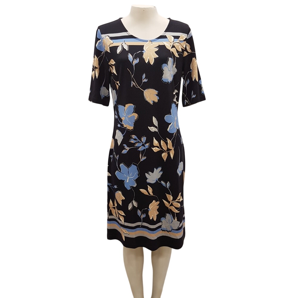 Robe bleu marine à fleurs exotiques ciel et beige - BETTY BARCLAY - Taille 40 - Photo 0