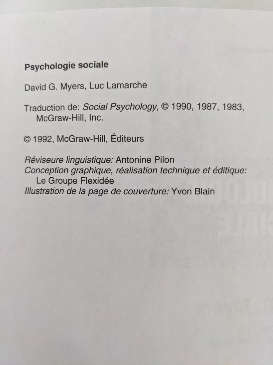 Psychologie Sociale - David G Myers - Luc Lamarche - 1992 - Photo 1