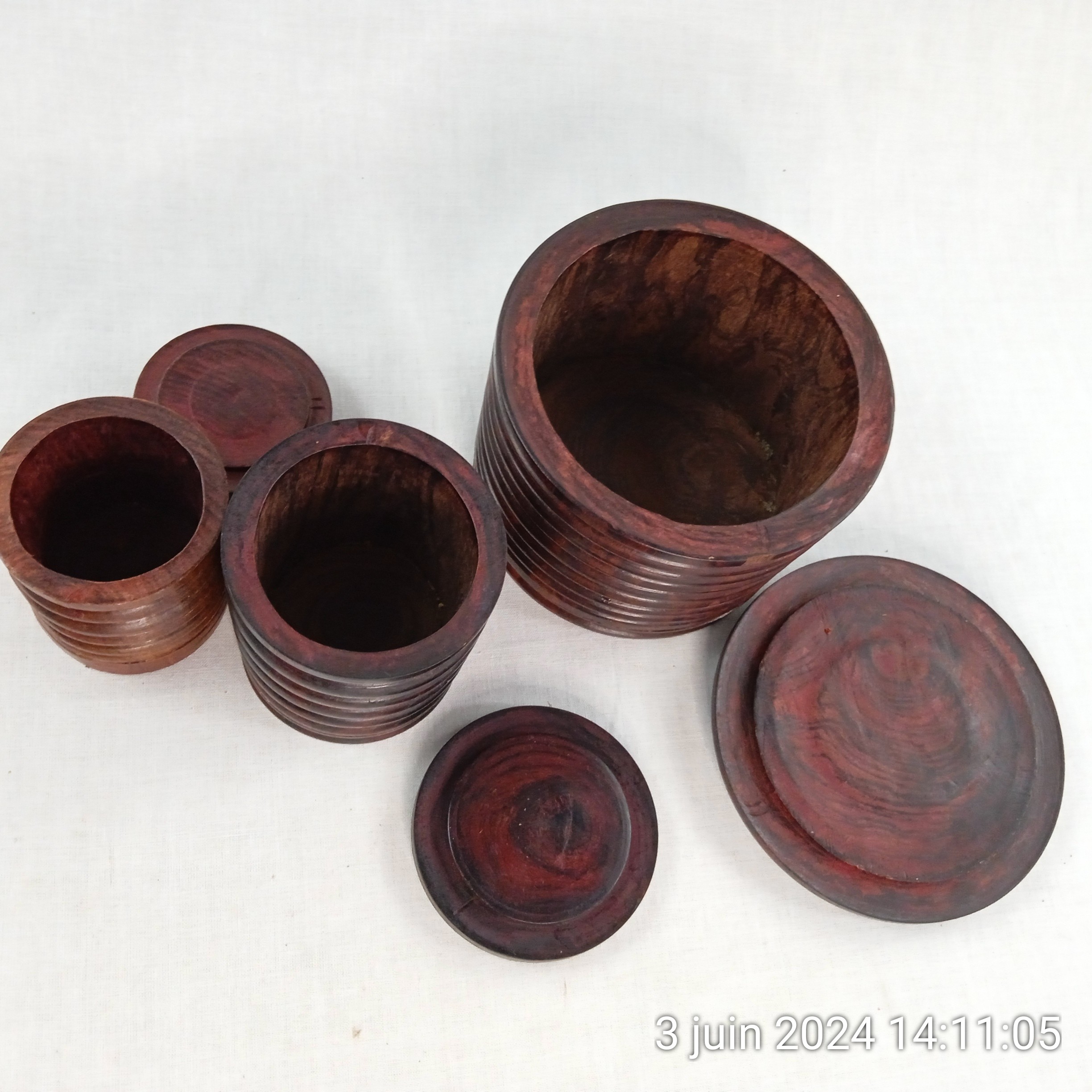 Lot de 3 boites/pots couvercle en bois, année 30 Arts déco - Photo 3