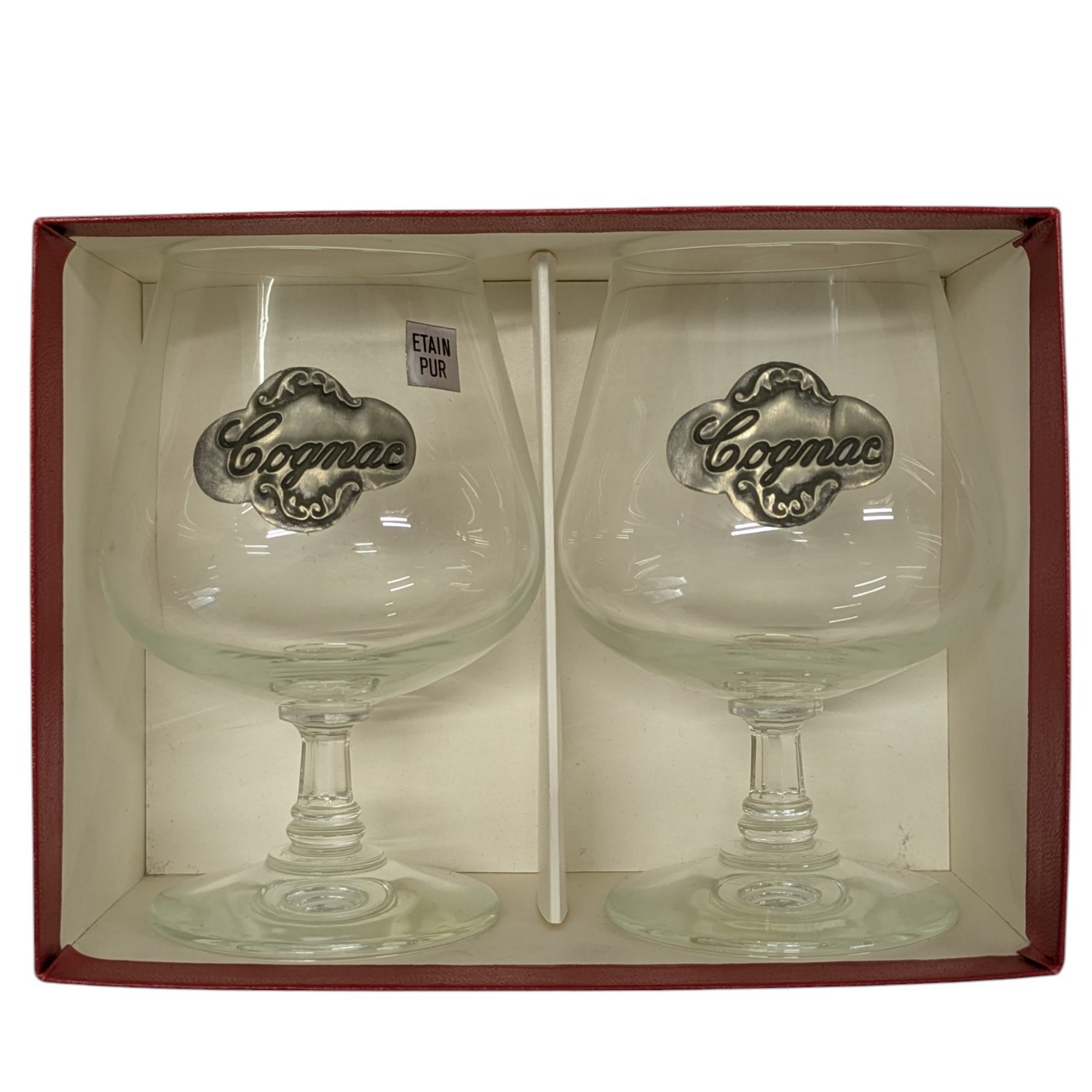 Coffret neuf de 2 verres à pied Digestif Cognac verre ( ou cristal) et étain vintage - Photo 2