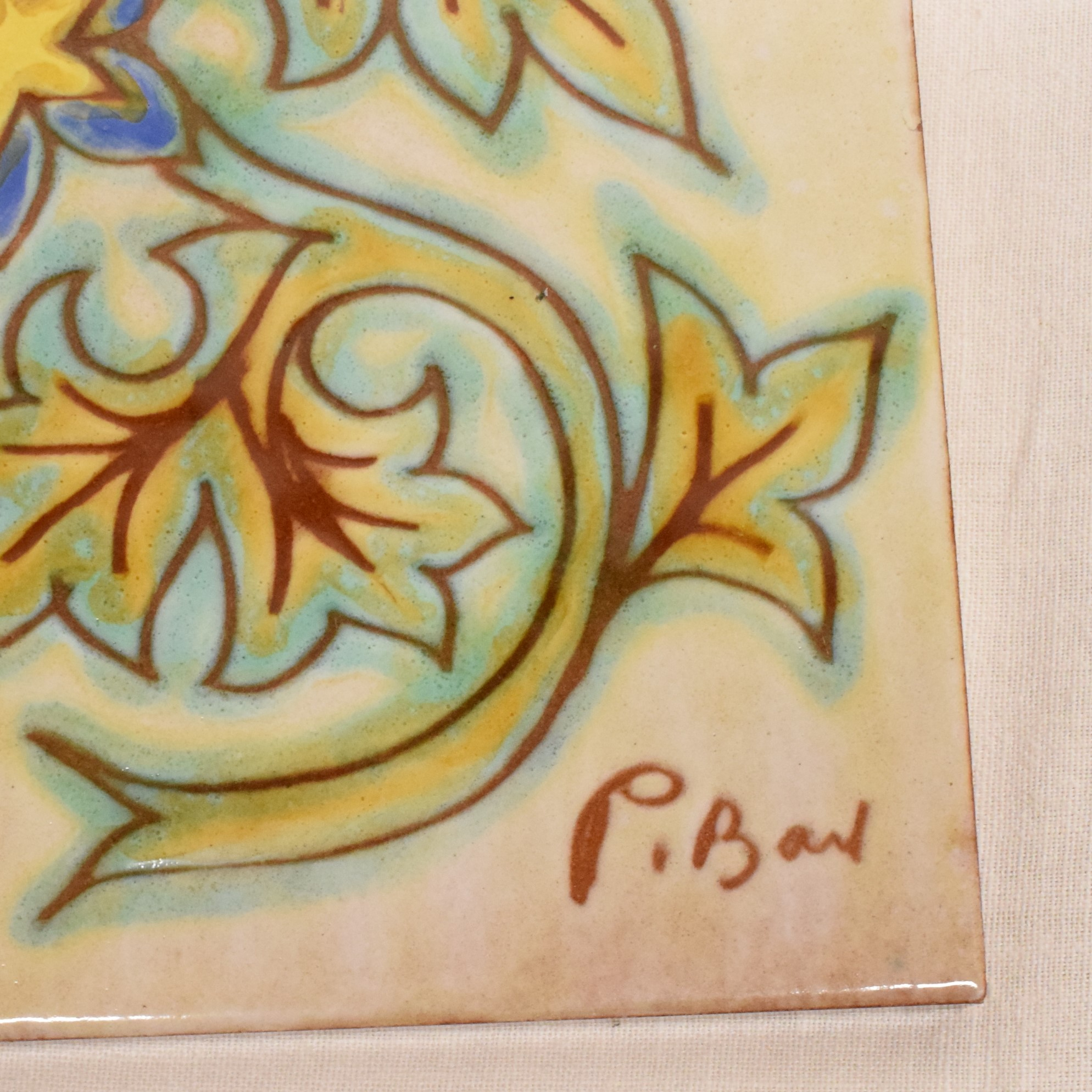 Duo de carreaux de céramique décor floral Signées P. Bay St VICENS Perpignan  Bon état - Vue 5 - 