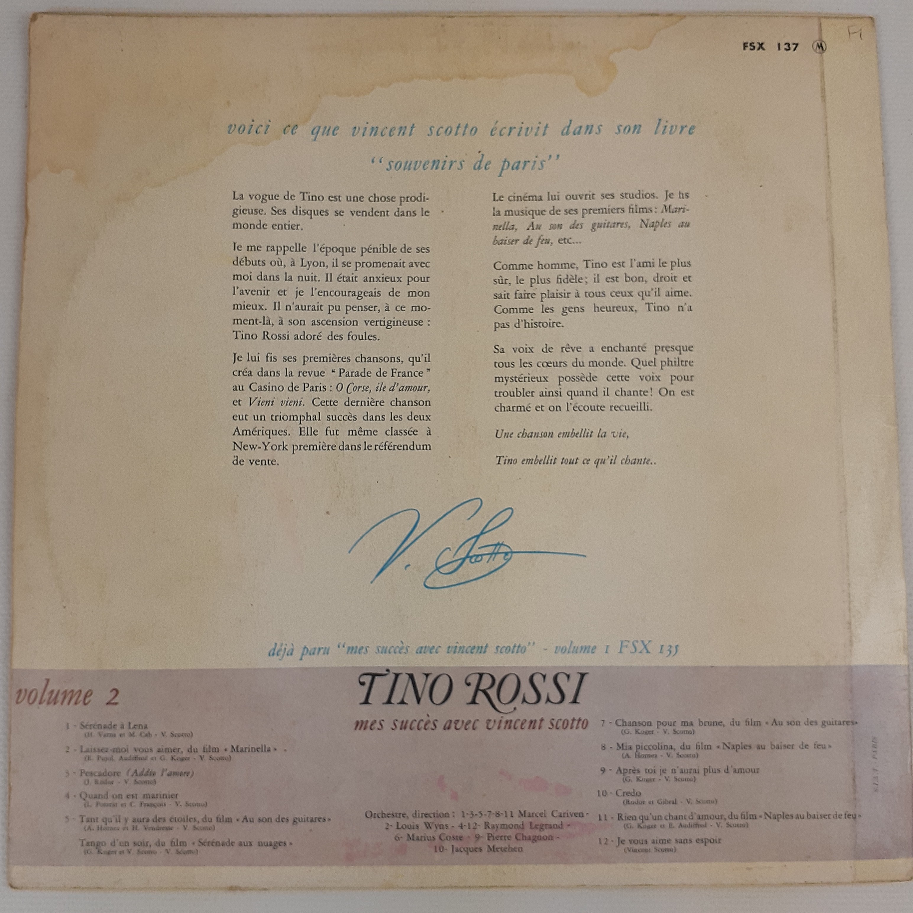 Tino Rossi - Mes Succès Avec Vincent Scotto  - Vue 4 - 