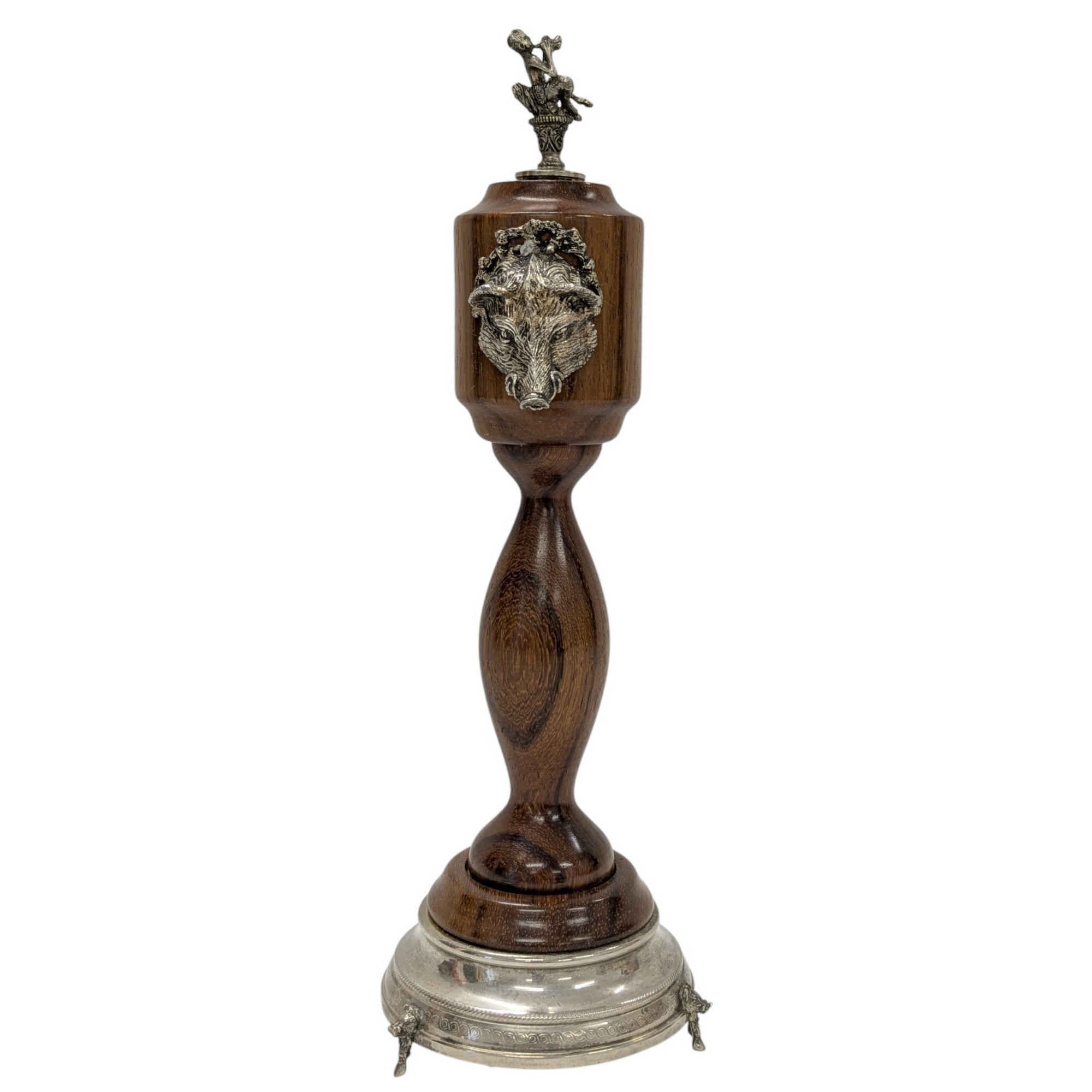 Grand moulin à poivre original vintage tête de sanglier et satyre en bois et métal H 29 cm - Photo 1