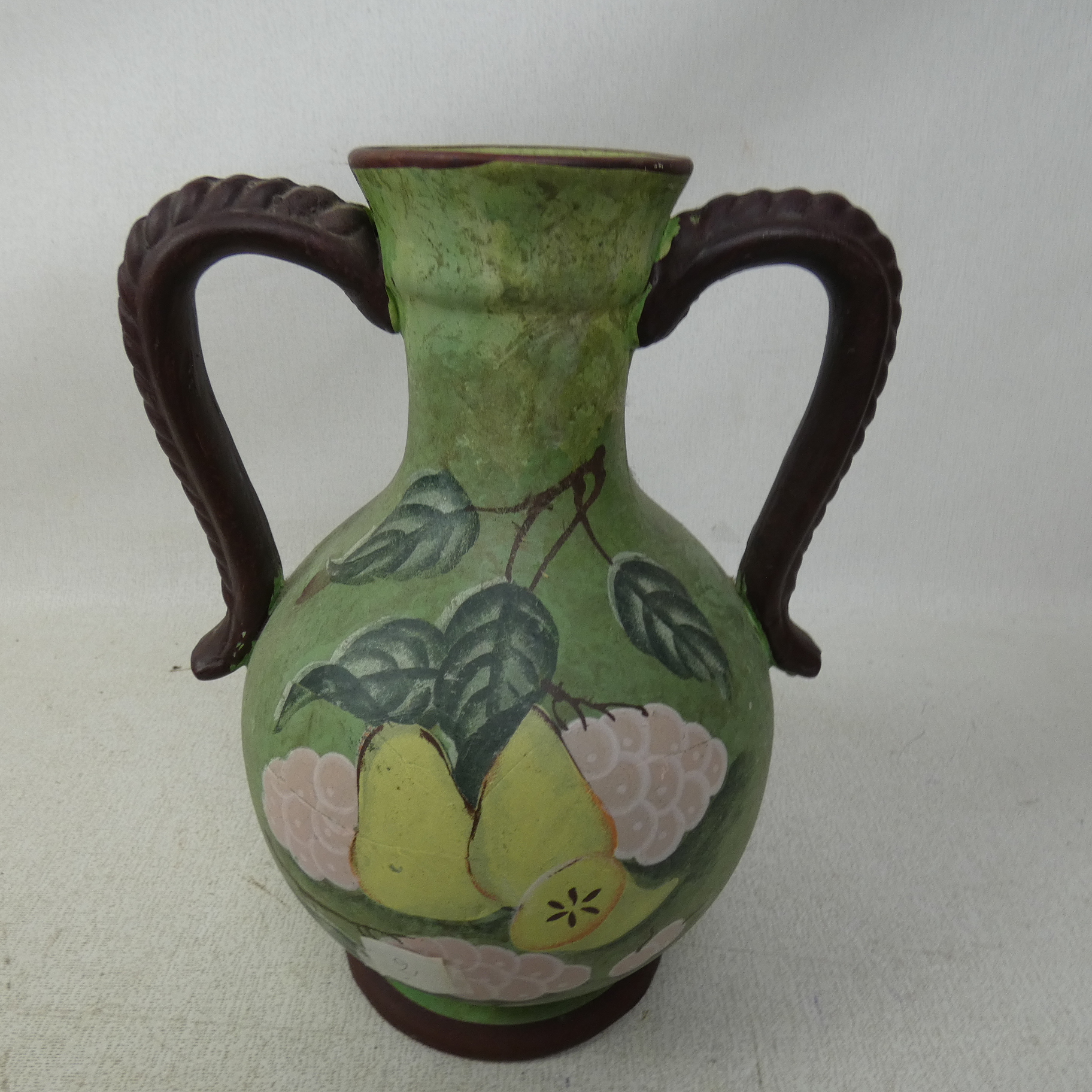 Vase/Cruche en Terre Cuite Forme Amphore(Ansé) Vintage Décor Fruits  - Vue 3 - 