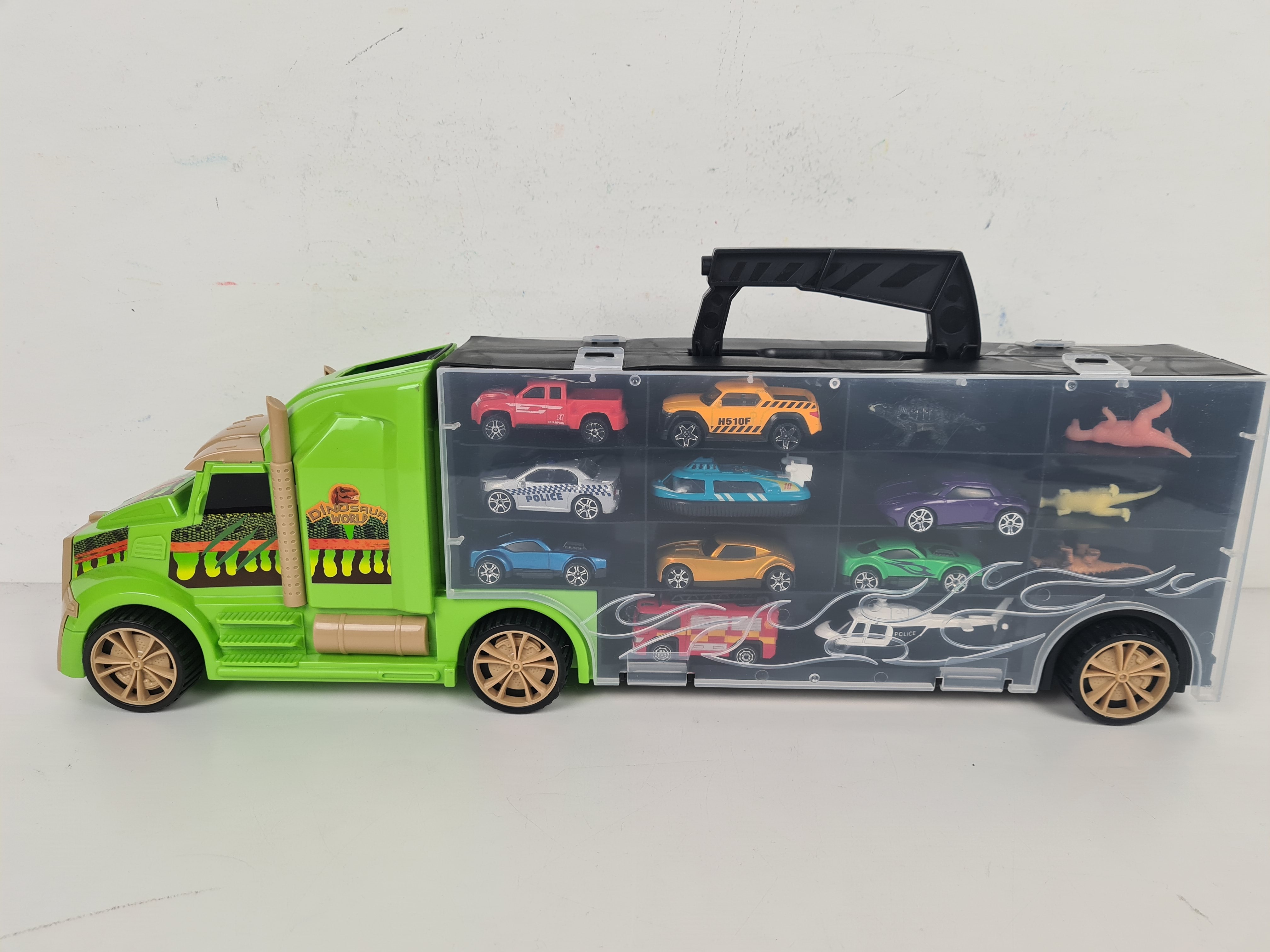 Voiture - Camion transportant des voitures "Dinosaur World- 16 dinosaures et 10 véhicules assortis - 54 x 16 x 9 cm.  - Vue 2 - 
