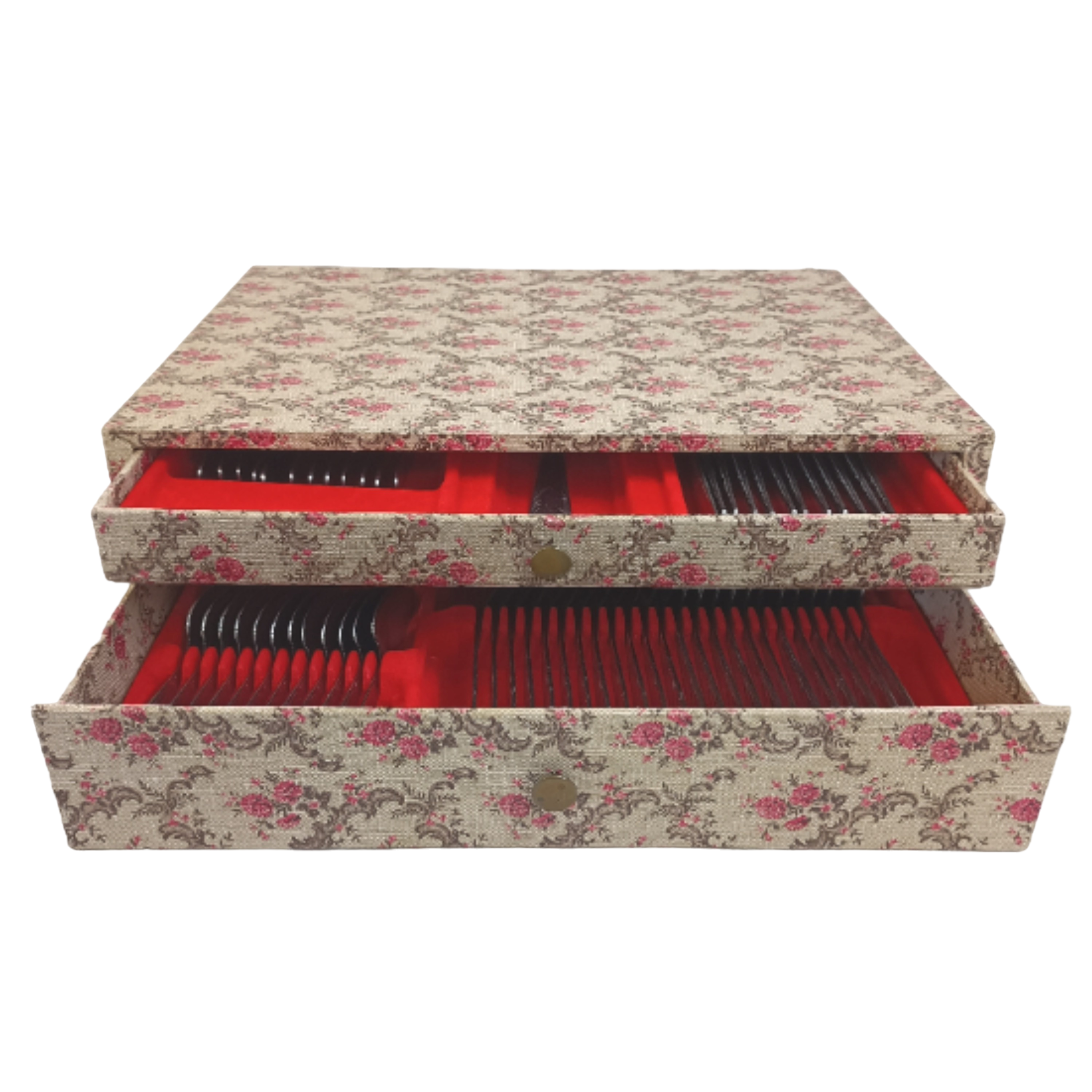 Coffret à ménagère double tiroirs fleuri Vintage + ménagère 62 pièces (inox) - Bon état sur Label Emmaüs