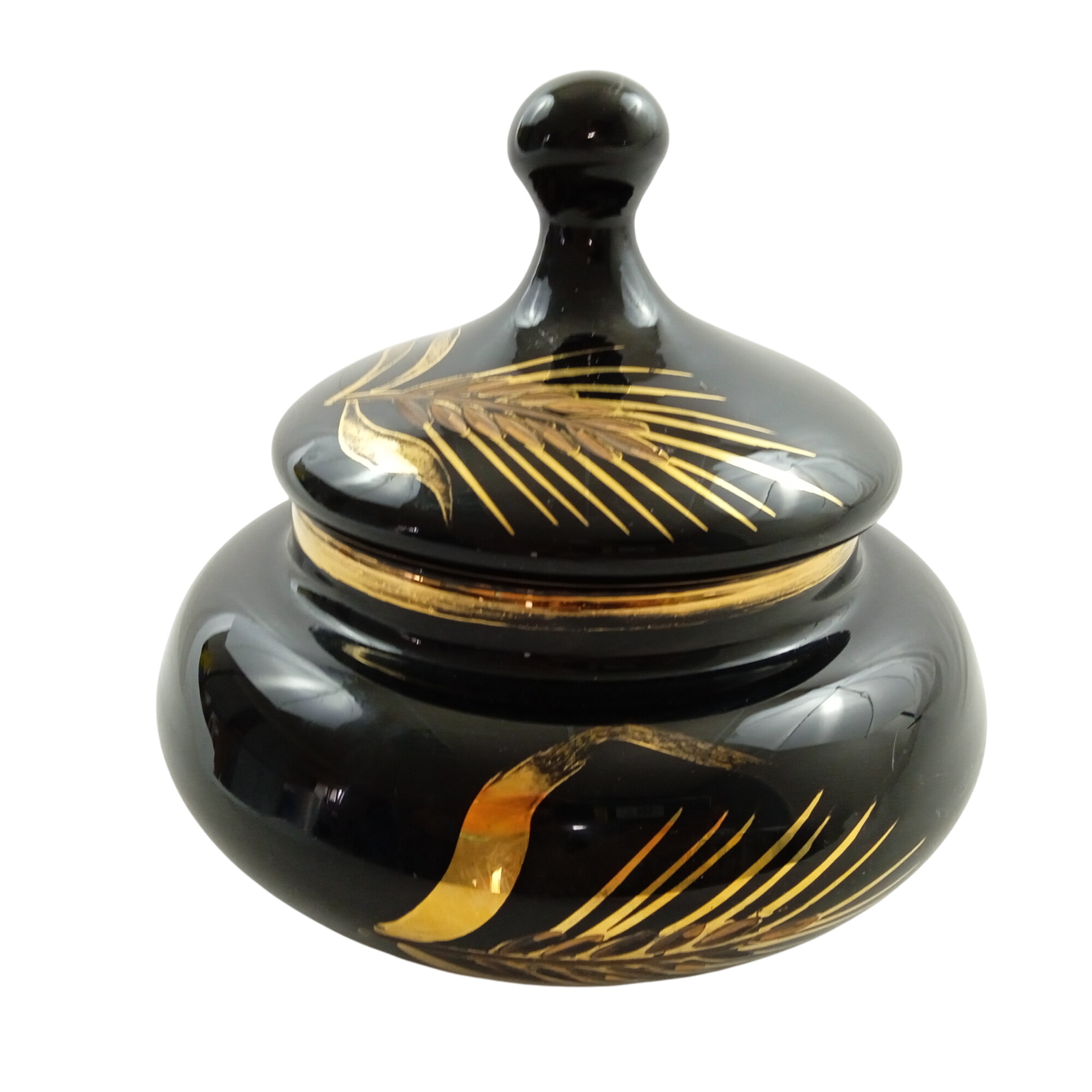 Potiche à couvercle bonbonnière en céramique noir décor blé d'or - Photo 1