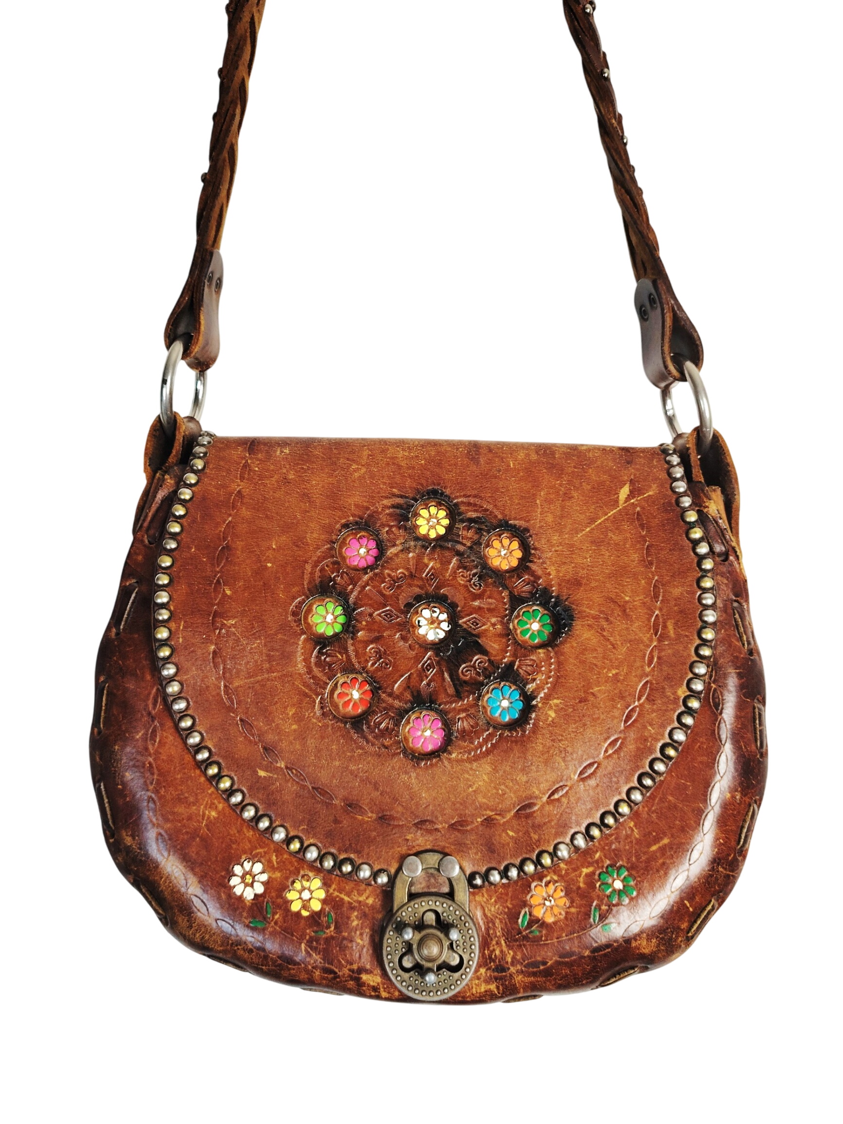 Sac bandoulière cuir rigide hippie chic années 70's - Photo 0