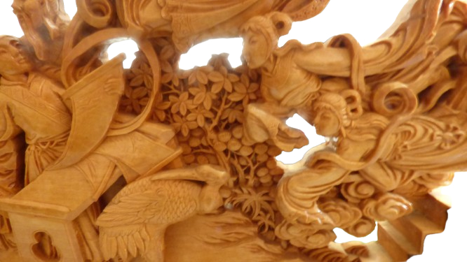 Haut relief Asiatique en bois sculpté sur son support - scène de hérons - Photo 4