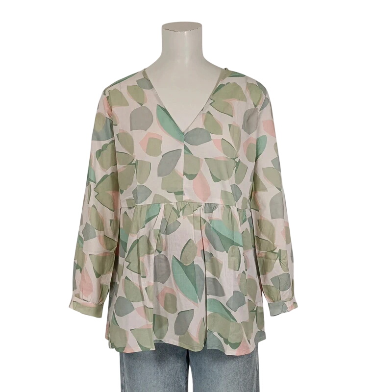Blouse fluide imprimé feuillage pastel Quintessence col V manches 3/4 légère taille M Comme neuf -  reconditionné disponible sur Label Emmaüs