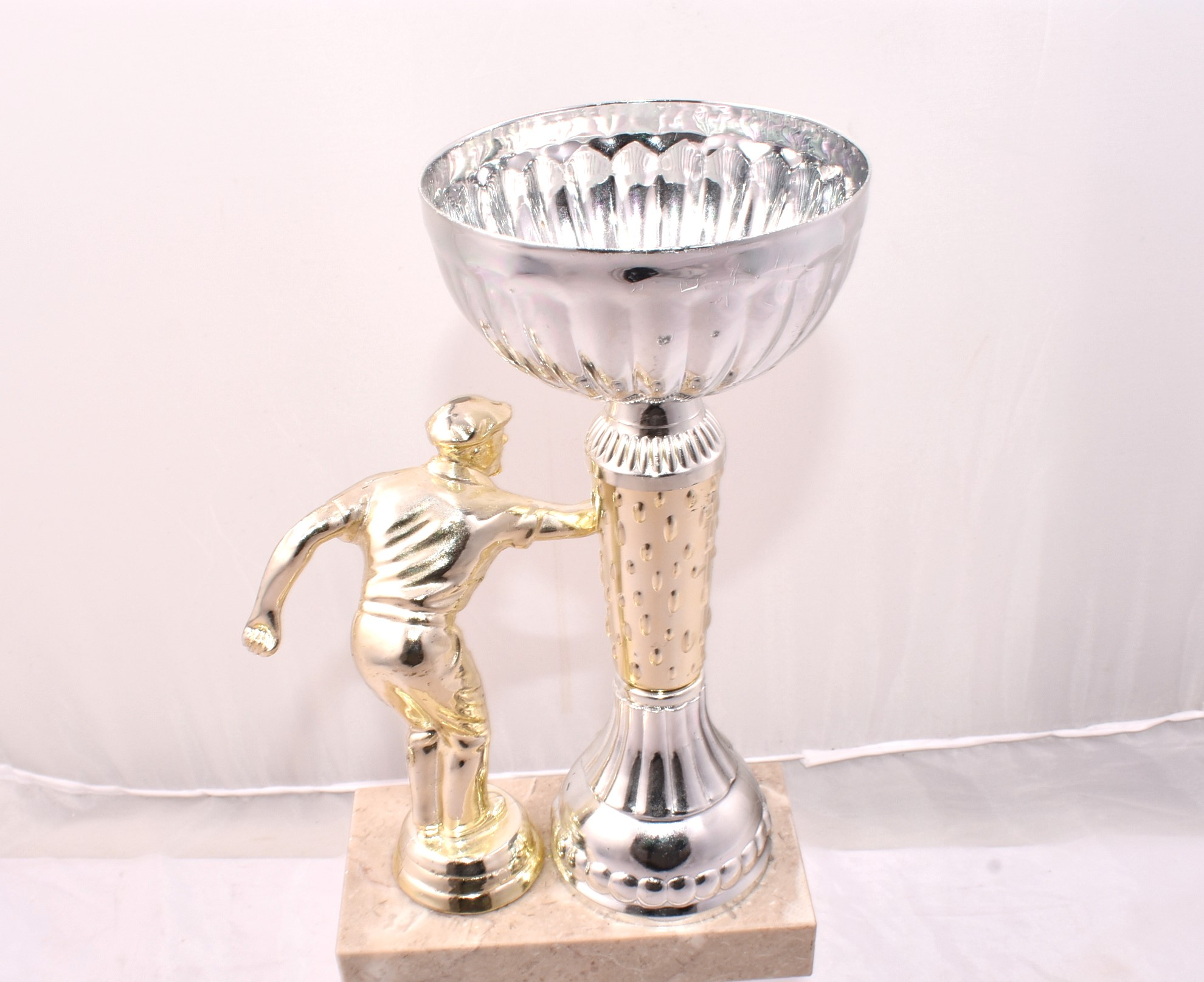 Trophée Pétanque Sur Socle Marbre - Statuette Argentée - Hauteur 12,5 Cm