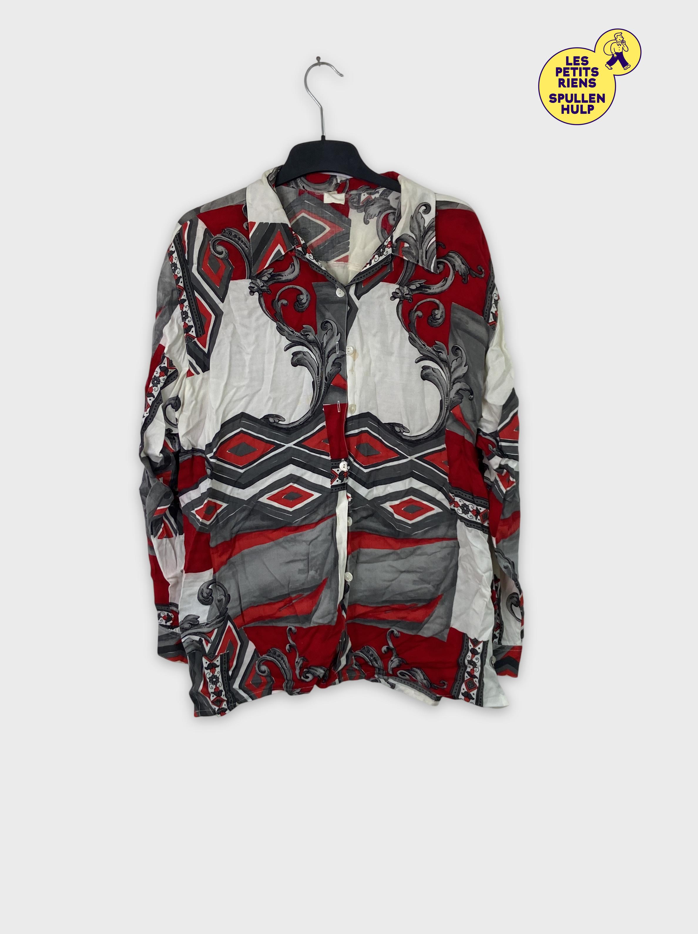 Chemise vintage motifs géométriques rouge gris blanc L 👔 - Photo 0