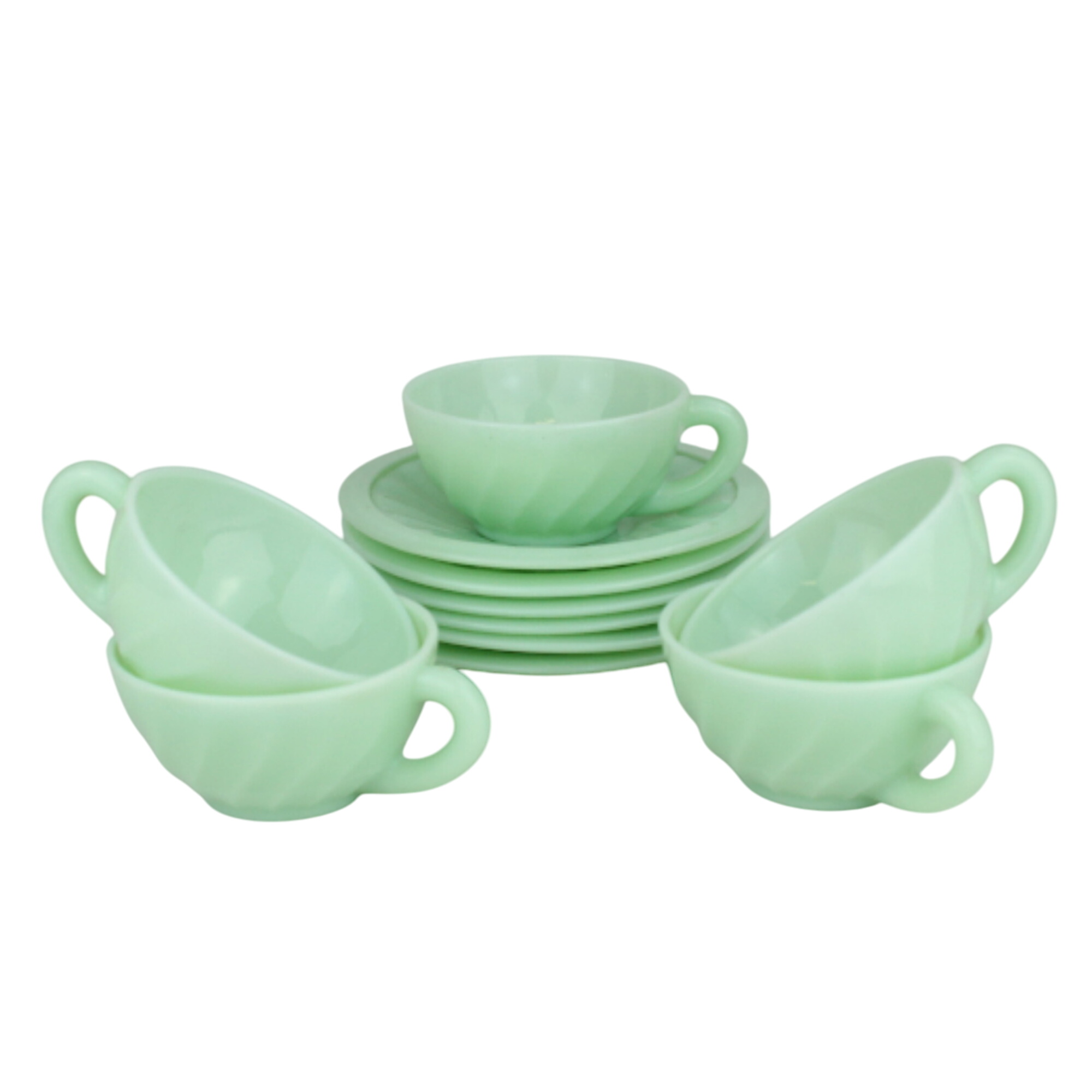 5 Tasses et 6 Soucoupes, Opaline verte Bon état -  reconditionné disponible sur Label Emmaüs